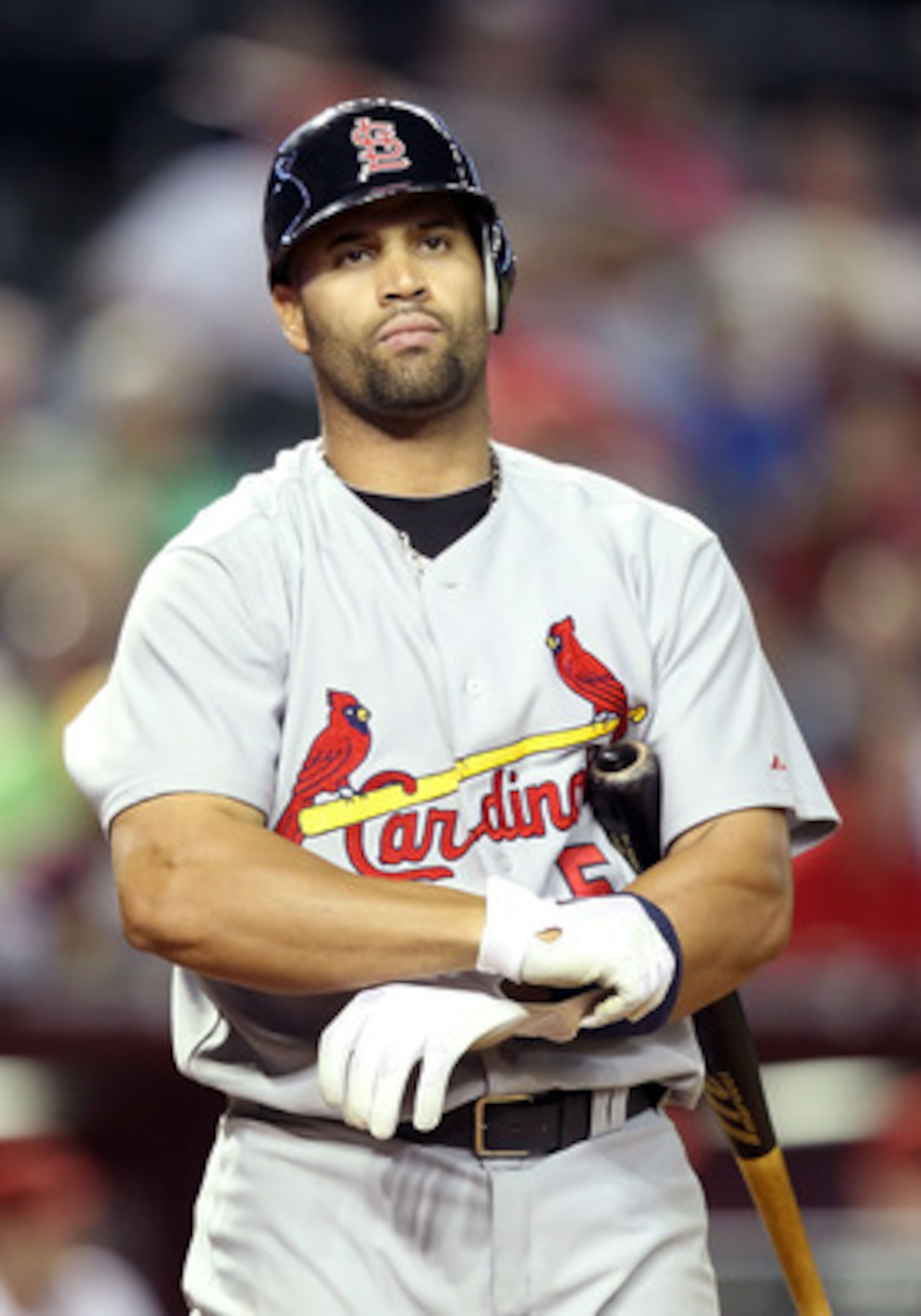 PHOENIX, AZ - APRIL 12:  Albert Pujols #5 of the St. Louis Cardinals at bat during the Major League Baseball game against the Arizona Diamondbacks at Chase Field on April 12, 2011 in Phoenix, Arizona. The Diamondbacks defeated the Cardinals 13-8.  (Photo 