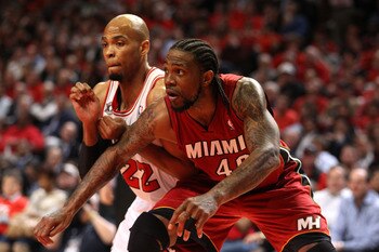CHICAGO, IL - MAY 18:  Udonis Haslem #40 of the Miami Heat fights for rebound position against Taj Gibson #22 of the Chicago Bulls in Game Two of the Eastern Conference Finals during the 2011 NBA Playoffs on May 18, 2011 at the United Center in Chicago, I