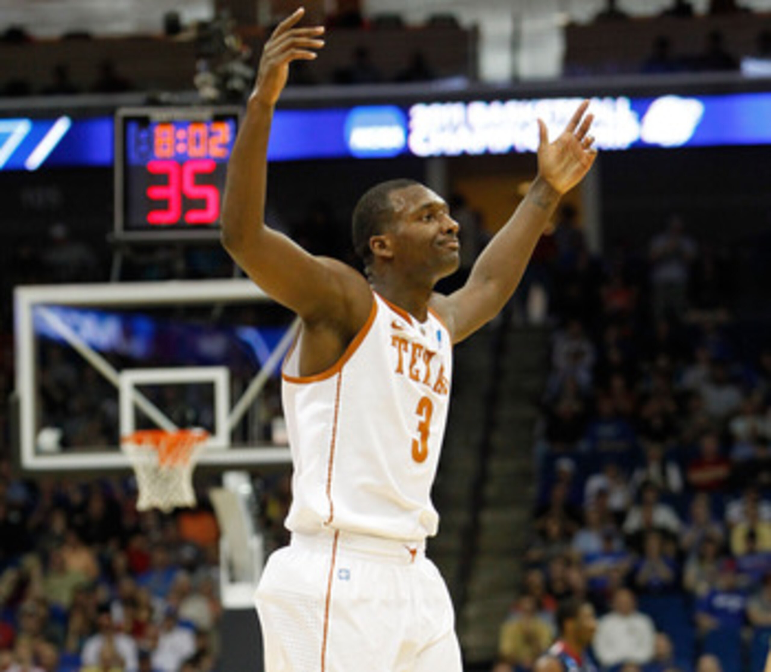 TULSA, OK - MARCH 20:  Jordan Hamilton #3 of the Texas Longhorns celebrates after a play against the Arizona Wildcats during the third round of the 2011 NCAA men's basketball tournament at BOK Center on March 20, 2011 in Tulsa, Oklahoma.  (Photo by Tom Pe
