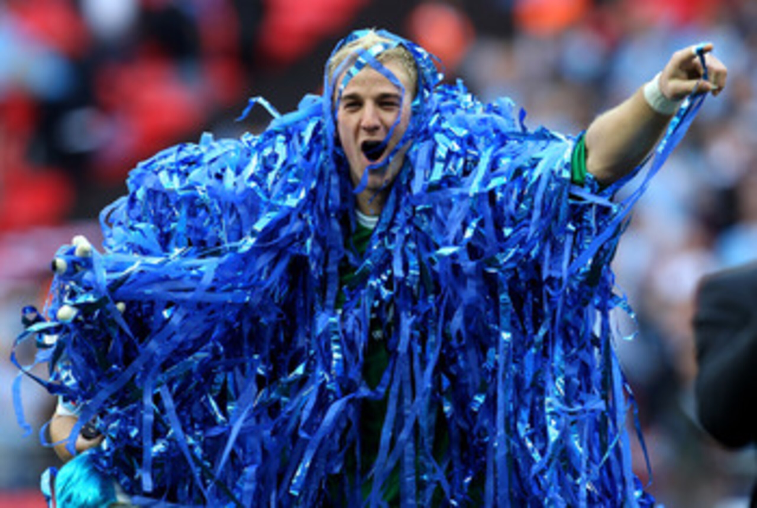 LONDON, ENGLAND - MAY 14:  Joe Hart celebrates after he and his Manchester City team mates won the FA Cup sponsored by E.ON Final match between Manchester City and Stoke City at Wembley Stadium on May 14, 2011 in London, England.  (Photo by Alex Livesey/G