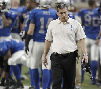 DETROIT - NOVEMBER 25:  Head Coach Jim Schwartz of the Detroit Lions walks the sideline while playing the New England Patriots on November 25, 2010 at Ford Field in Detroit, Michigan. New England won the game 45-24.  (Photo by Gregory Shamus/Getty Images)