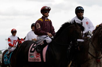 LOUISVILLE, KY - MAY 07:  Jockey Julien R. Leparoux, riding Dialed In #8, is escourted onto the track for the running of the 137th Kentucky Derby at Churchill Downs on May 7, 2011 in Louisville, Kentucky.  (Photo by Rob Carr/Getty Images)