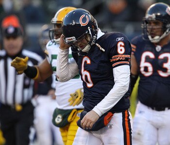 CHICAGO, IL - JANUARY 23:  Quarterback Jay Cutler #6 of the Chicago Bears reacts in the second quarter against the Green Bay Packers in the NFC Championship Game at Soldier Field on January 23, 2011 in Chicago, Illinois.  (Photo by Jonathan Daniel/Getty I