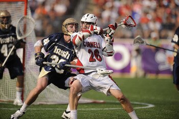 BALTIMORE, MD - MAY 29: Ryan Hurley #26 of the Cornell Big Red tries to get a pass off against Kevin Randell #39 of the Notre Dame Fighting Irish during the 2010 NCAA Division 1 Lacrosse Semifinal Championship game on May 29, 2010 at M & T Bank Stadium i BALTIMORE, MD - MAY 29: Ryan Hurley #26 of the Cornell Big Red tries to get a pass off against Kevin Randell #39 of the Notre Dame Fighting Irish during the 2010 NCAA Division 1 Lacrosse Semifinal Championship game on May 29, 2010 at M & T Bank Stadium i
