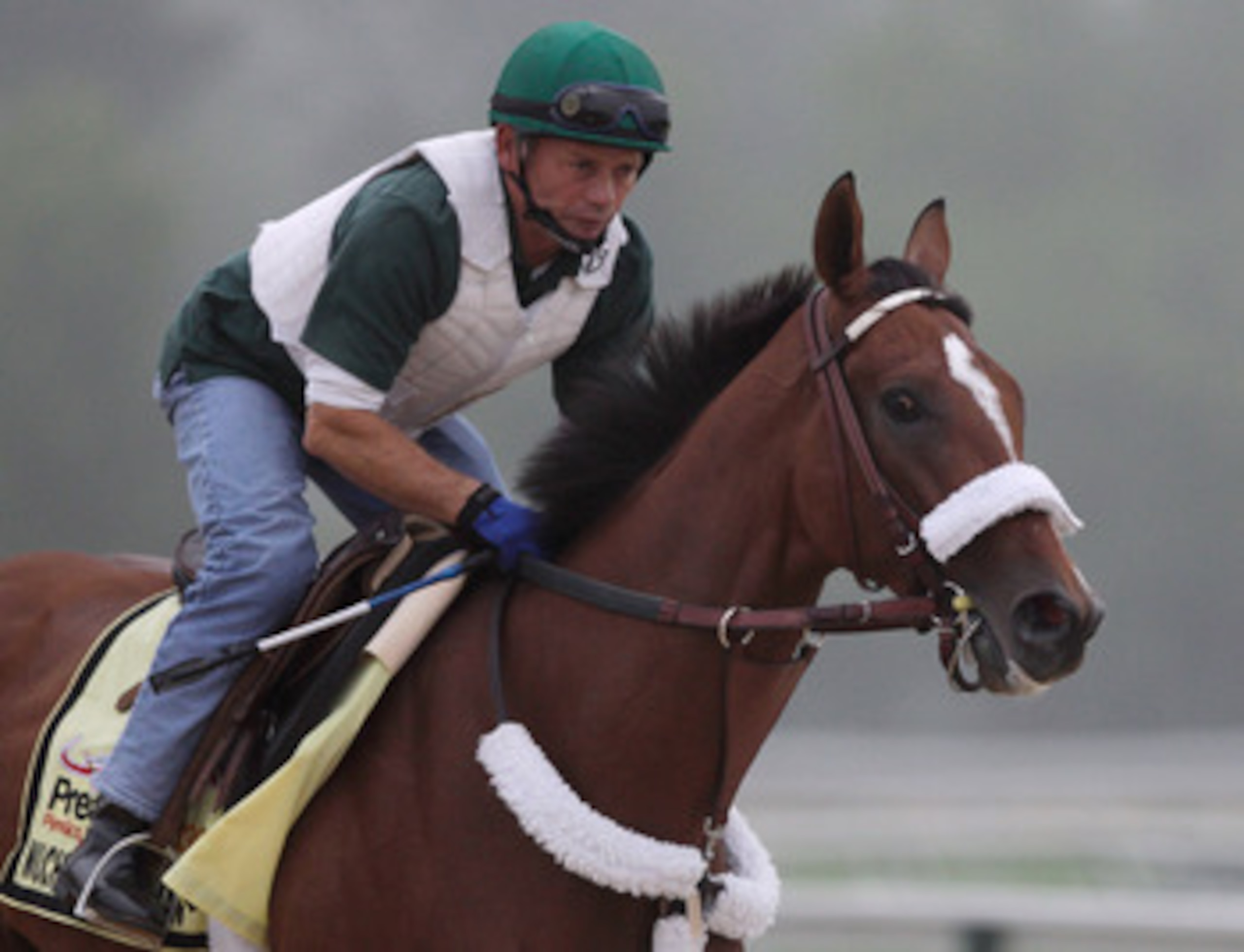 BALTIMORE, MD - MAY 19:  Exercise rider Heriberto Pulgar takes Preakness entrant Mucho Macho Man over the track at Pimlico Race Course on May 19, 2011 in Baltimore, Maryland. The 136th running of the Preakness Stakes will be run on Saturday.  (Photo by Ro