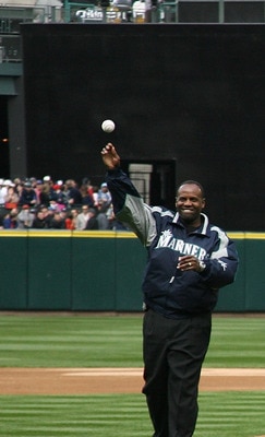 SEATTLE - APRIL 2:  (L-R) Former Mariners Alvin Davis, Jay Buhner, and team announcer Dave Niehaus of the Seattle Mariners throw out the ceremonial first pitch of the game on opening day against the Oakland A's at Safeco Field April 2, 2007 in Seattle, Wa