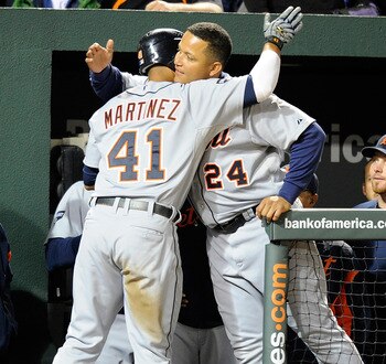 BALTIMORE, MD - APRIL 06:  Victor Martinez #41 and Miguel Cabrera #24 of the Detroit Tigers celebrate after hitting back to back home runs in the fifth inning against the Baltimore Orioles at Oriole Park at Camden Yards on April 6, 2011 in Baltimore, Mary