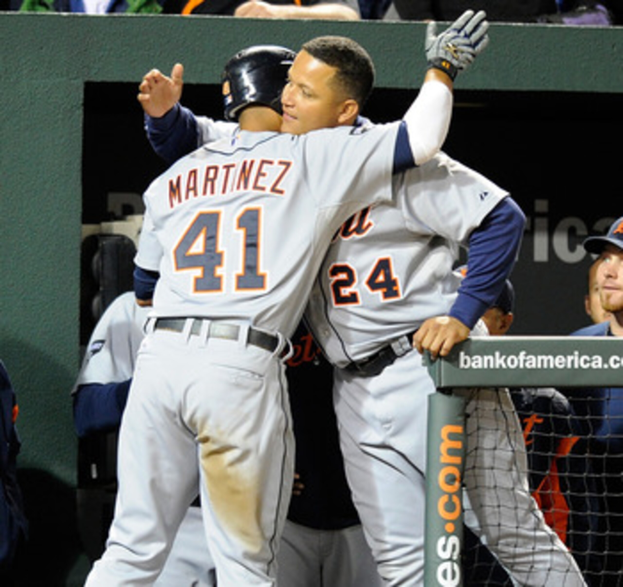 BALTIMORE, MD - APRIL 06: Victor Martinez #41 and Miguel Cabrera #24 of the Detroit Tigers celebrate after hitting back to back home runs in the fifth inning against the Baltimore Orioles at Oriole Park at Camden Yards on April 6, 2011 in Baltimore, Mary BALTIMORE, MD - APRIL 06: Victor Martinez #41 and Miguel Cabrera #24 of the Detroit Tigers celebrate after hitting back to back home runs in the fifth inning against the Baltimore Orioles at Oriole Park at Camden Yards on April 6, 2011 in Baltimore, Mary