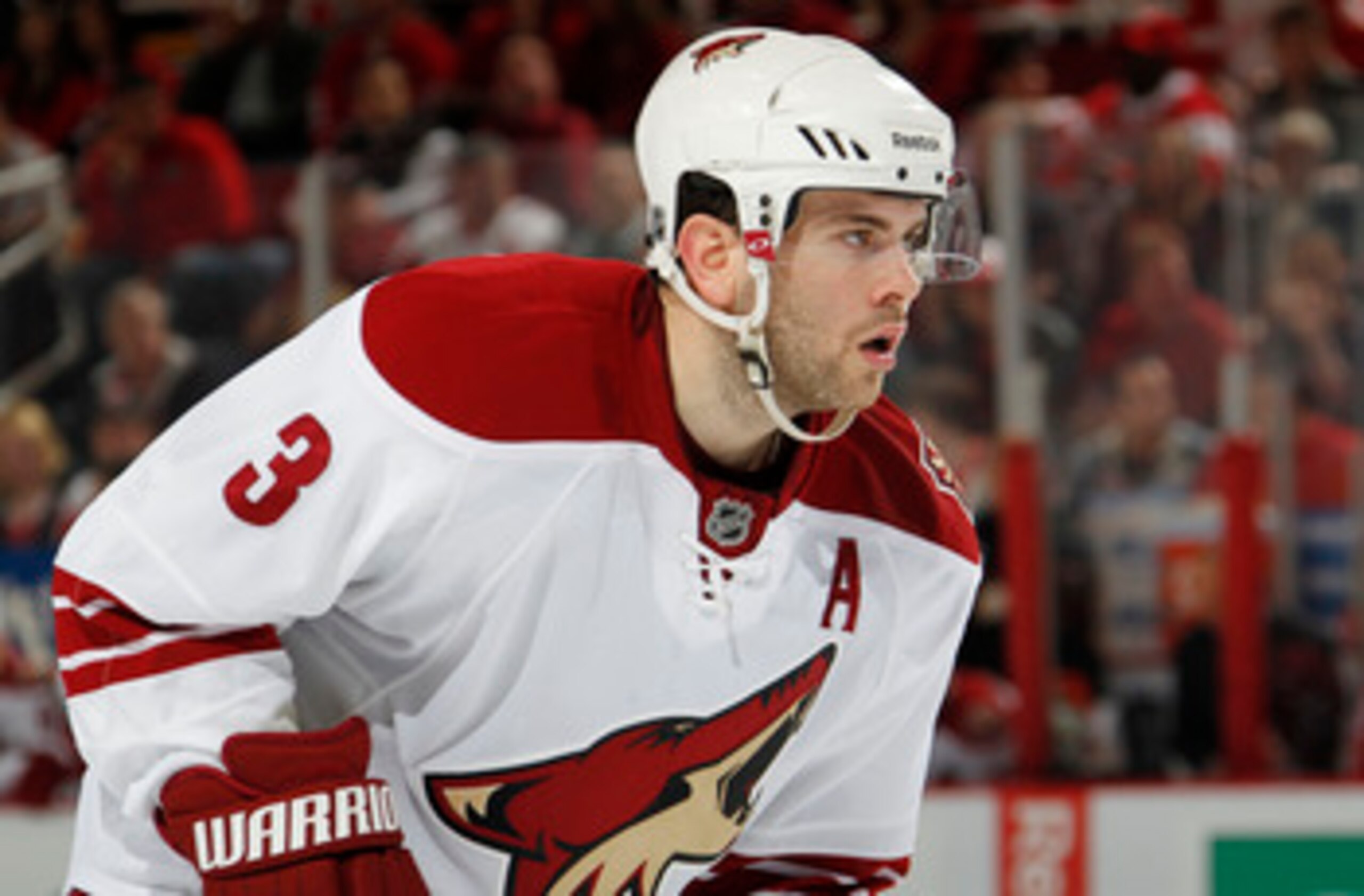 DETROIT, MI - APRIL 16: Keith Yandle #3 of the Phoenix Coyotes looks on the Detroit Red Wings in Game Two of the Western Conference Quarterfinals during the 2011 Stanley Cup Playoffs at Joe Louis Arena on April 16, 2011 in Detroit, Michigan.  (Photo by Gr