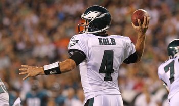 PHILADELPHIA - AUGUST 13:  Kevin Kolb #4 of the Philadelphia Eagles drops back to pass against the Jacksonville Jaguars during their preseason game at Lincoln Financial Field on August 13, 2010 in Philadelphia, Pennsylvania.  (Photo by Nick Laham/Getty Im