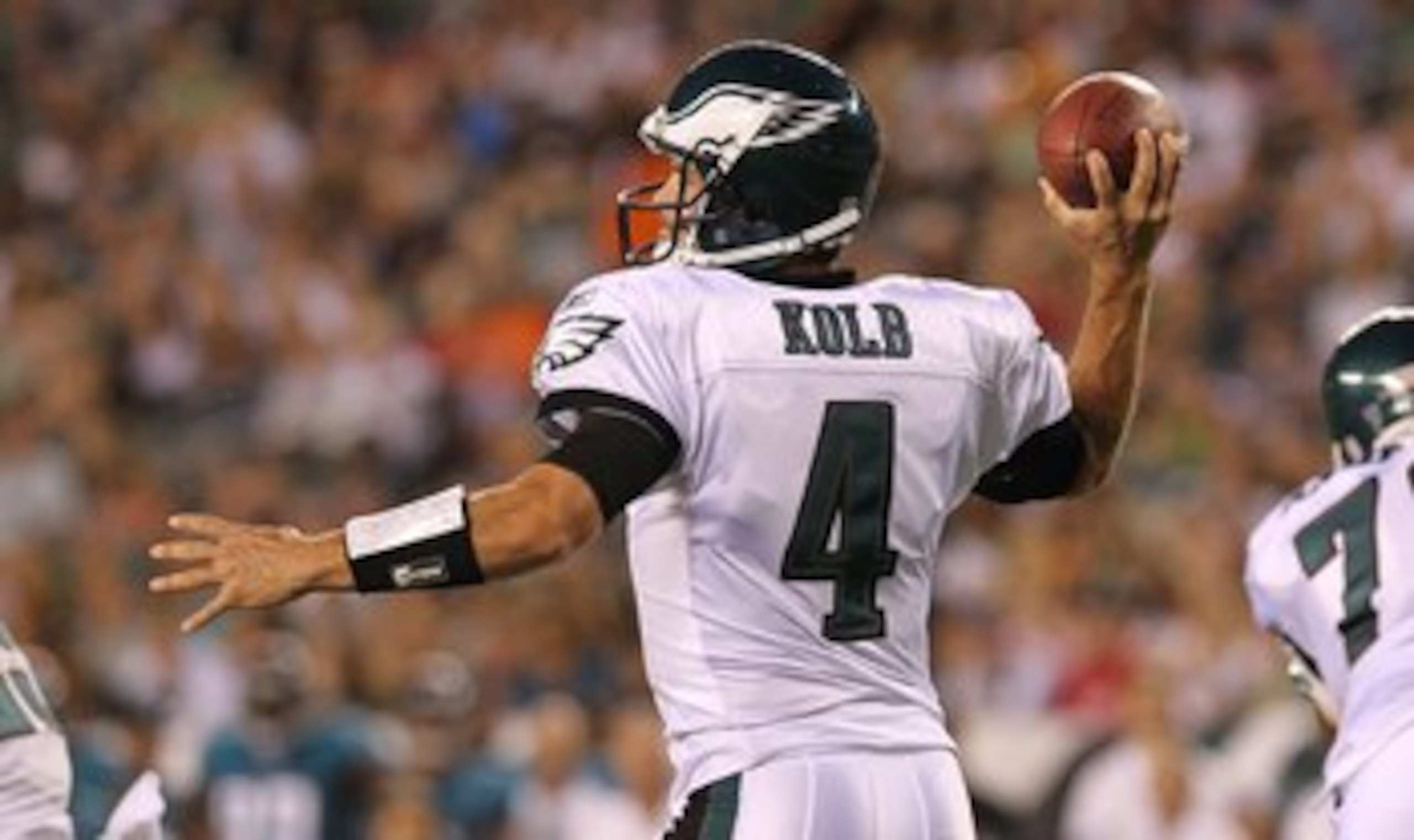 PHILADELPHIA - AUGUST 13:  Kevin Kolb #4 of the Philadelphia Eagles drops back to pass against the Jacksonville Jaguars during their preseason game at Lincoln Financial Field on August 13, 2010 in Philadelphia, Pennsylvania.  (Photo by Nick Laham/Getty Im