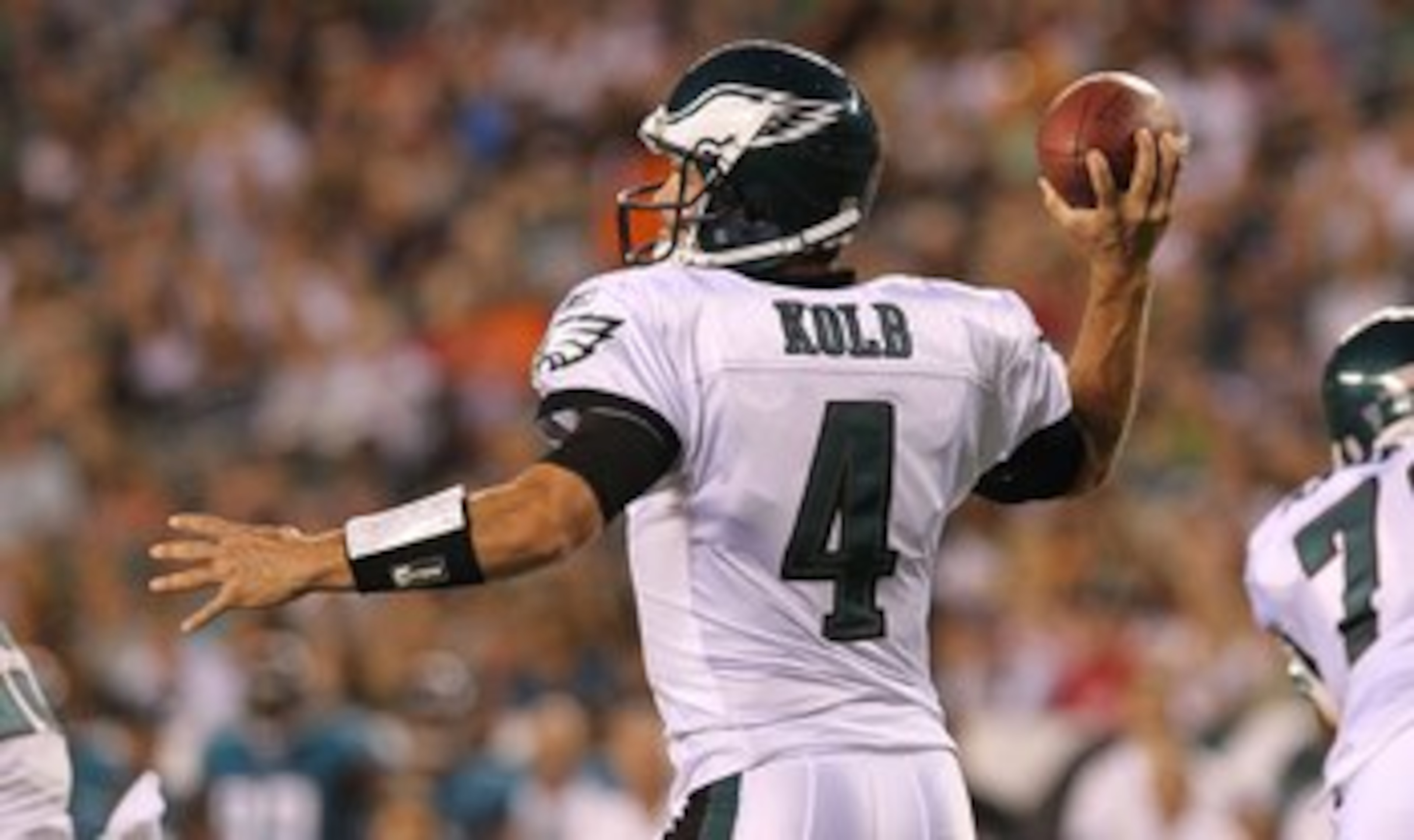 PHILADELPHIA - AUGUST 13:  Kevin Kolb #4 of the Philadelphia Eagles drops back to pass against the Jacksonville Jaguars during their preseason game at Lincoln Financial Field on August 13, 2010 in Philadelphia, Pennsylvania.  (Photo by Nick Laham/Getty Im