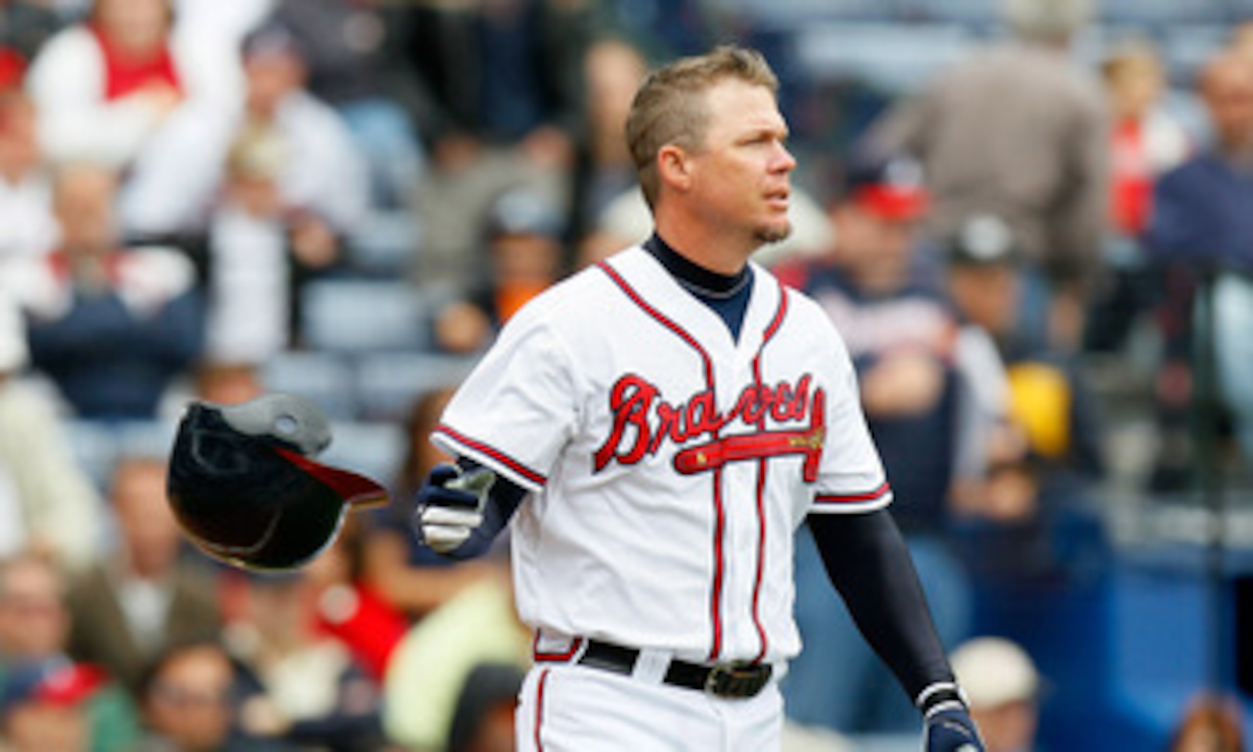 ATLANTA, GA - MAY 17:  Chipper Jones #10 of the Atlanta Braves tosses his helmet after striking out in the eighth inning against the Houston Astros at Turner Field on May 17, 2011 in Atlanta, Georgia.  (Photo by Kevin C. Cox/Getty Images)