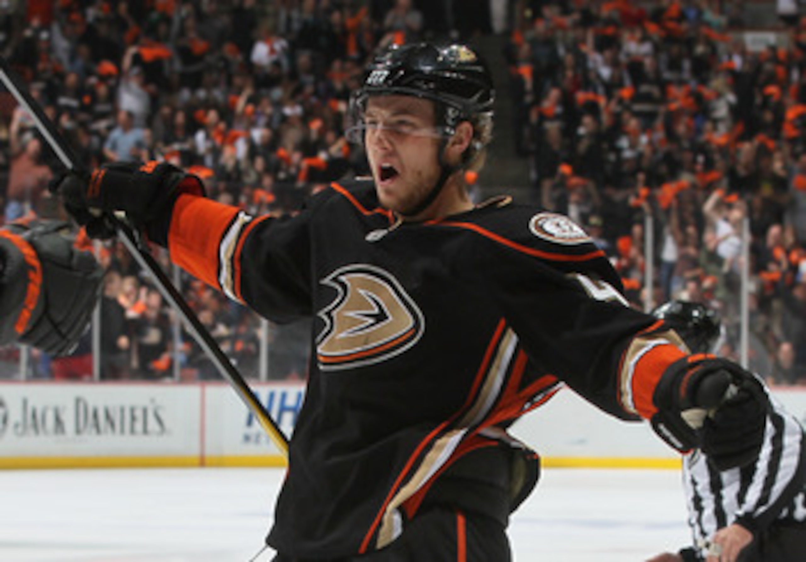 ANAHEIM, CA - APRIL 15:  Cam Fowler #4 of the Anaheim Ducks celebrates Teemu Selanne's goal against the Nashville Predators in the first period of Game Two of the Western Conference Quarterfinals during the 2011 NHL Stanley Cup Playoffs at Honda Center on