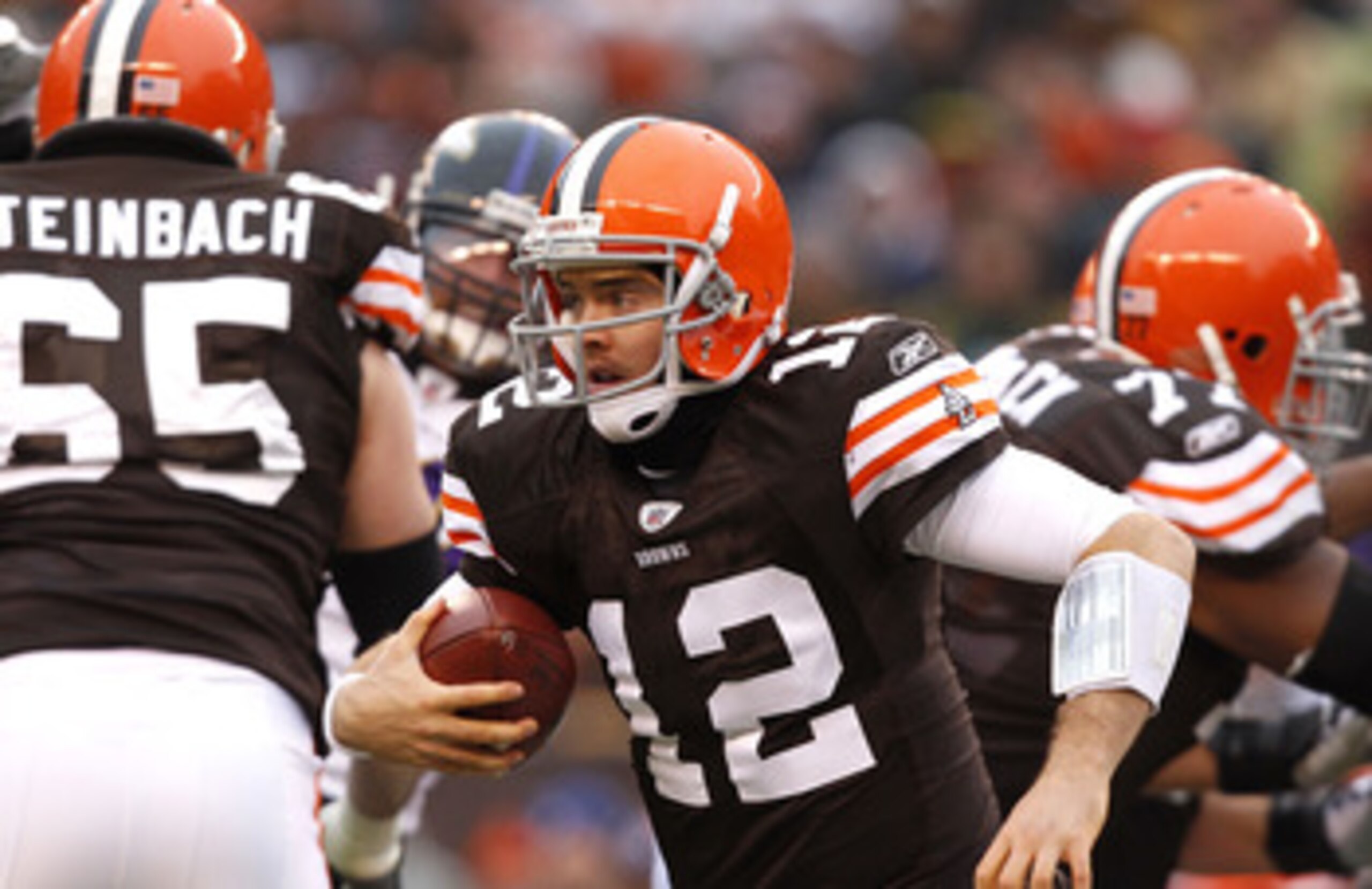 CLEVELAND - DECEMBER 26:  Quarterback Colt McCoy #12 of the Cleveland Browns runs the ball against the Baltimore Ravens at Cleveland Browns Stadium on December 26, 2010 in Cleveland, Ohio.  (Photo by Matt Sullivan/Getty Images)