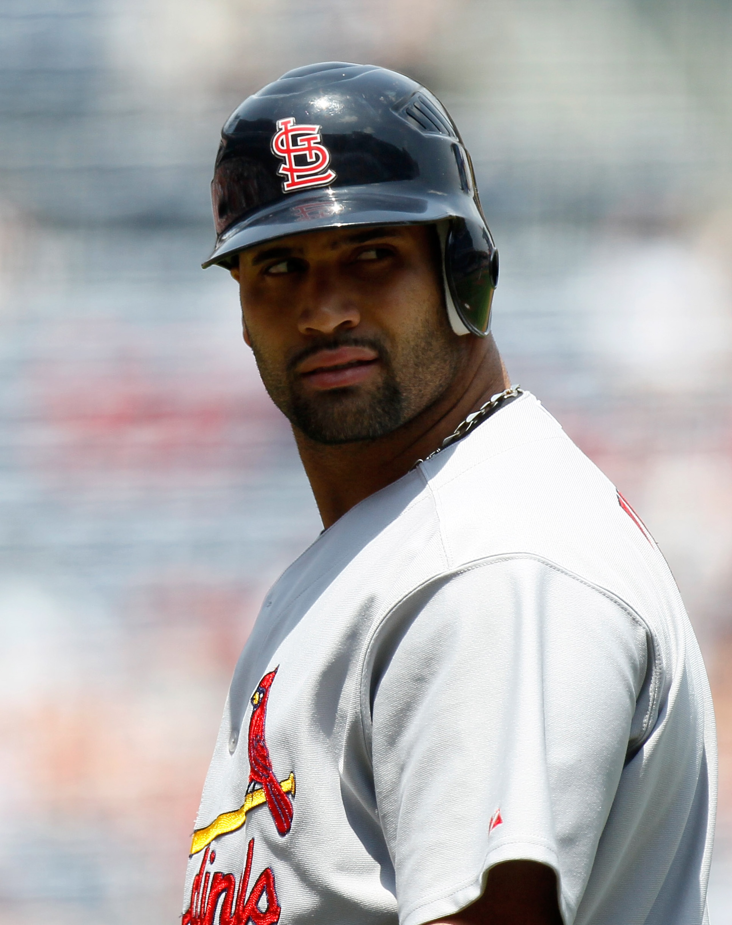 ATLANTA, GA - MAY 01:  Albert Pujols #5 of the St. Louis Cardinals looks back at the homeplate umpire after striking out against the Atlanta Braves at Turner Field on May 1, 2011 in Atlanta, Georgia.  (Photo by Kevin C. Cox/Getty Images)
