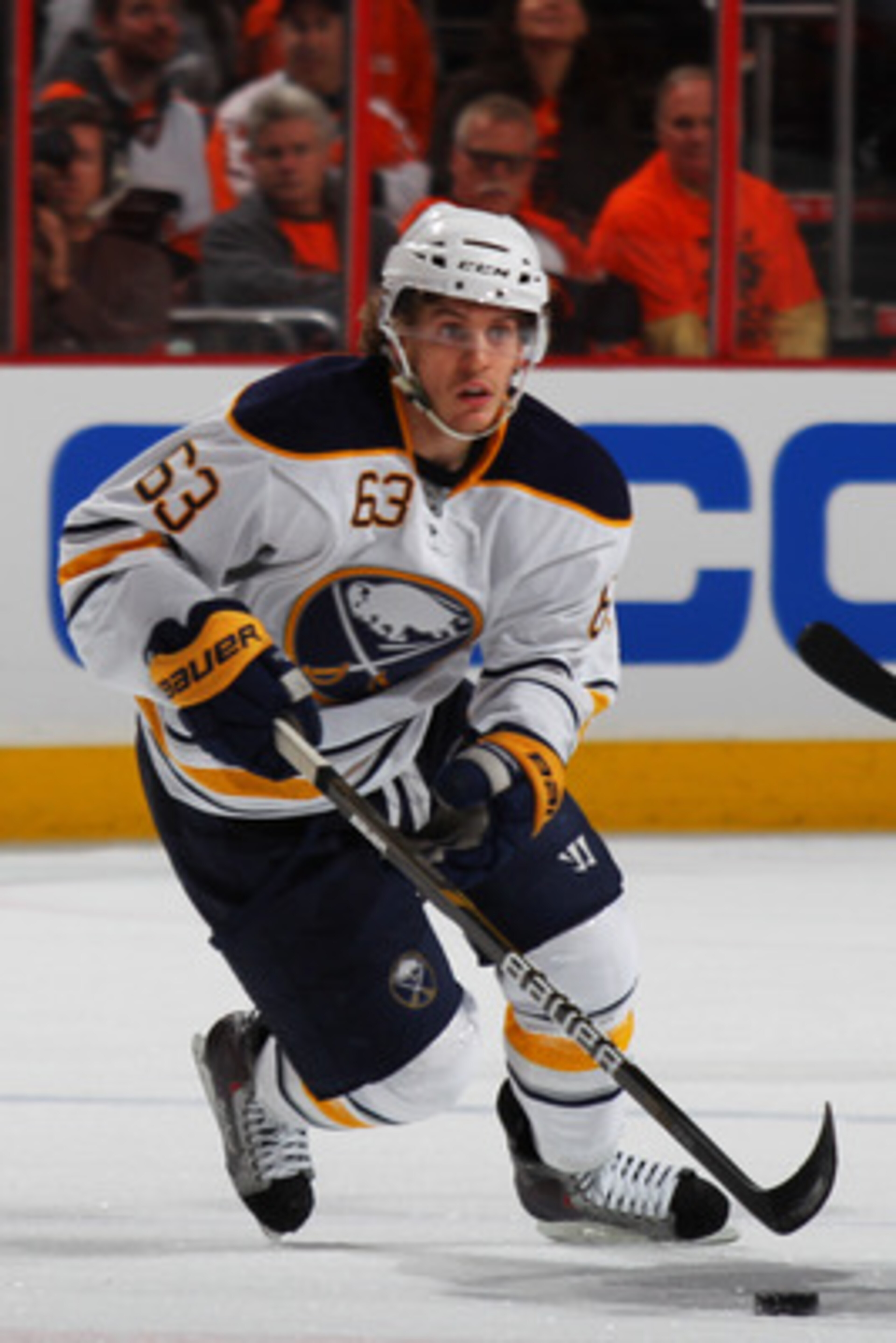PHILADELPHIA, PA - APRIL 22:  Tyler Ennis #63 of the Buffalo Sabres controls the puck against the Philadelphia Flyers in Game Five of the Eastern Conference Quarterfinals during the 2011 NHL Stanley Cup Playoffs at Wells Fargo Center on April 22, 2011 in