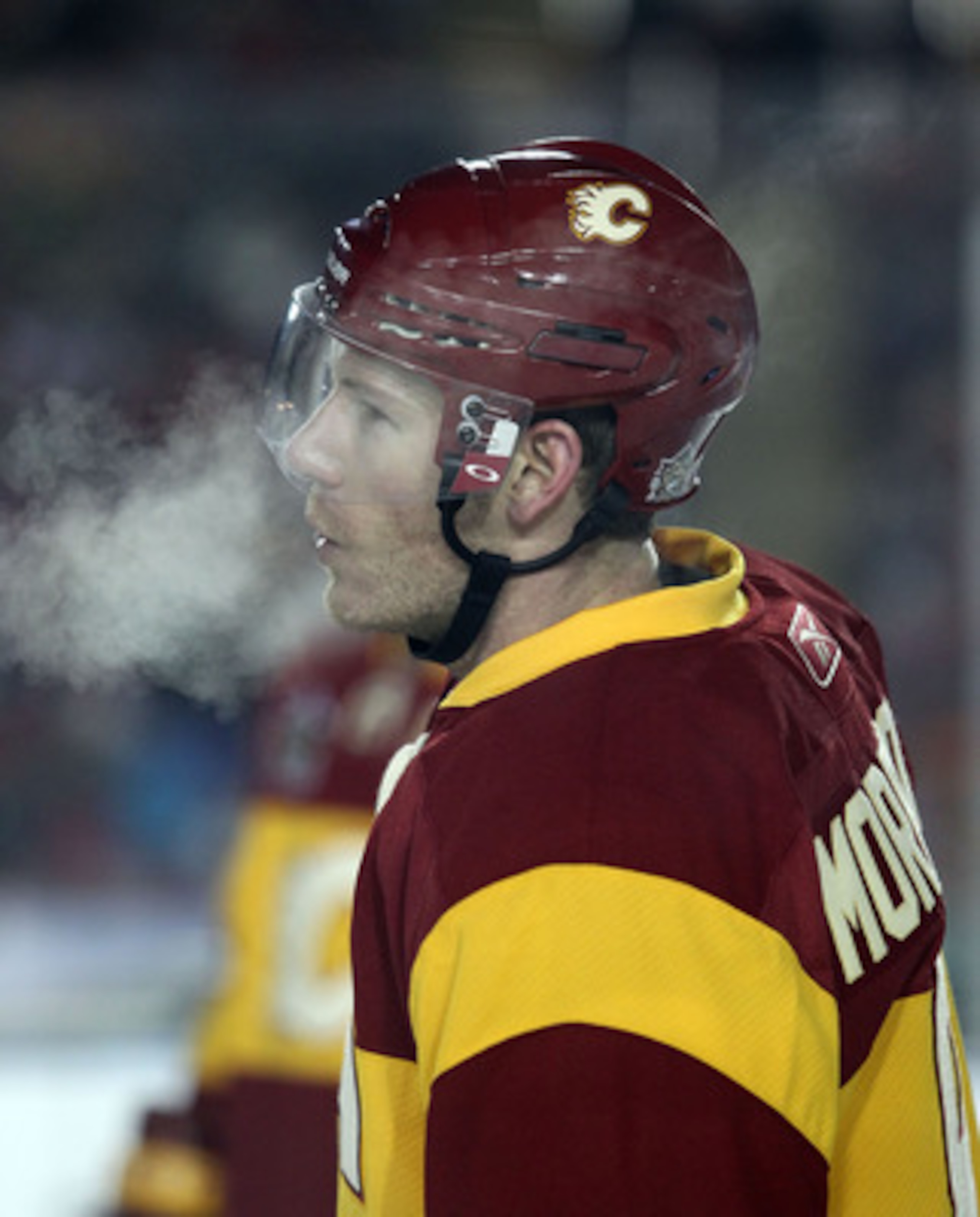 CALGARY, AB - FEBRUARY 20: Brendan Morrison #8 of the Calgary Flames shows the effects of the cold weather during the 2011 NHL Heritage Classic Game against the Montreal Canadiens at McMahon Stadium on February 20, 2011 in Calgary, Alberta, Canada.  (Phot