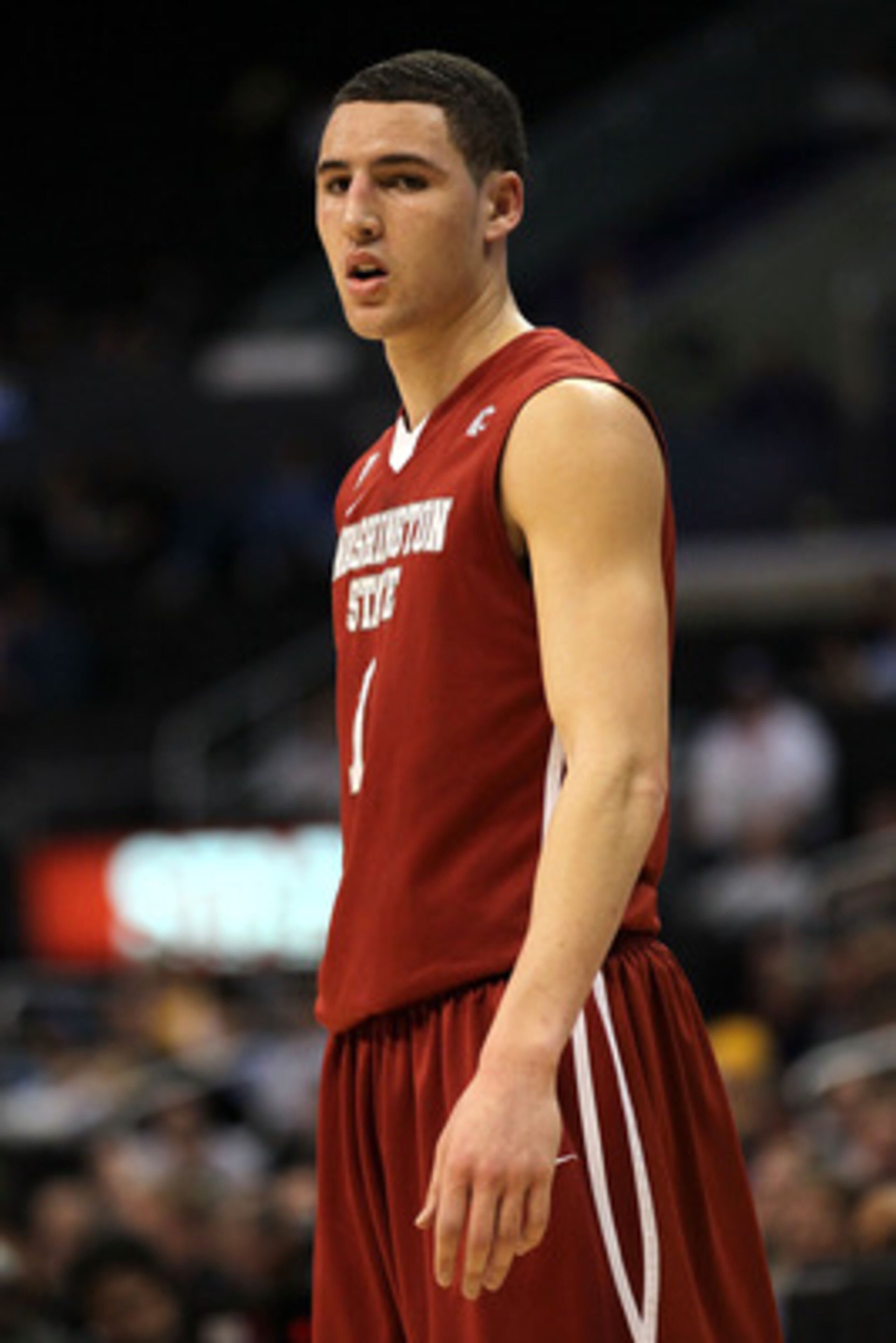 LOS ANGELES, CA - MARCH 10:  Klay Thompson #1 of the Washington State Cougars looks on in the first half while taking on the Washington Huskies in the quarterfinals of the 2011 Pacific Life Pac-10 Men's Basketball Tournament at Staples Center on March 10,