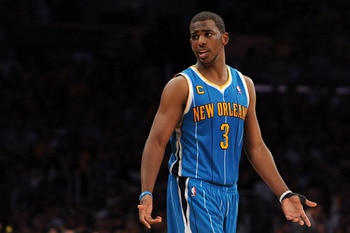 LOS ANGELES, CA - APRIL 26:  Chris Paul #3 of the New Orleans Hornets reacts late in the fourth quarter while taking on the Los Angeles Lakers in Game Five of the Western Conference Quarterfinals in the 2011 NBA Playoffs on April 26, 2011 at Staples Cente