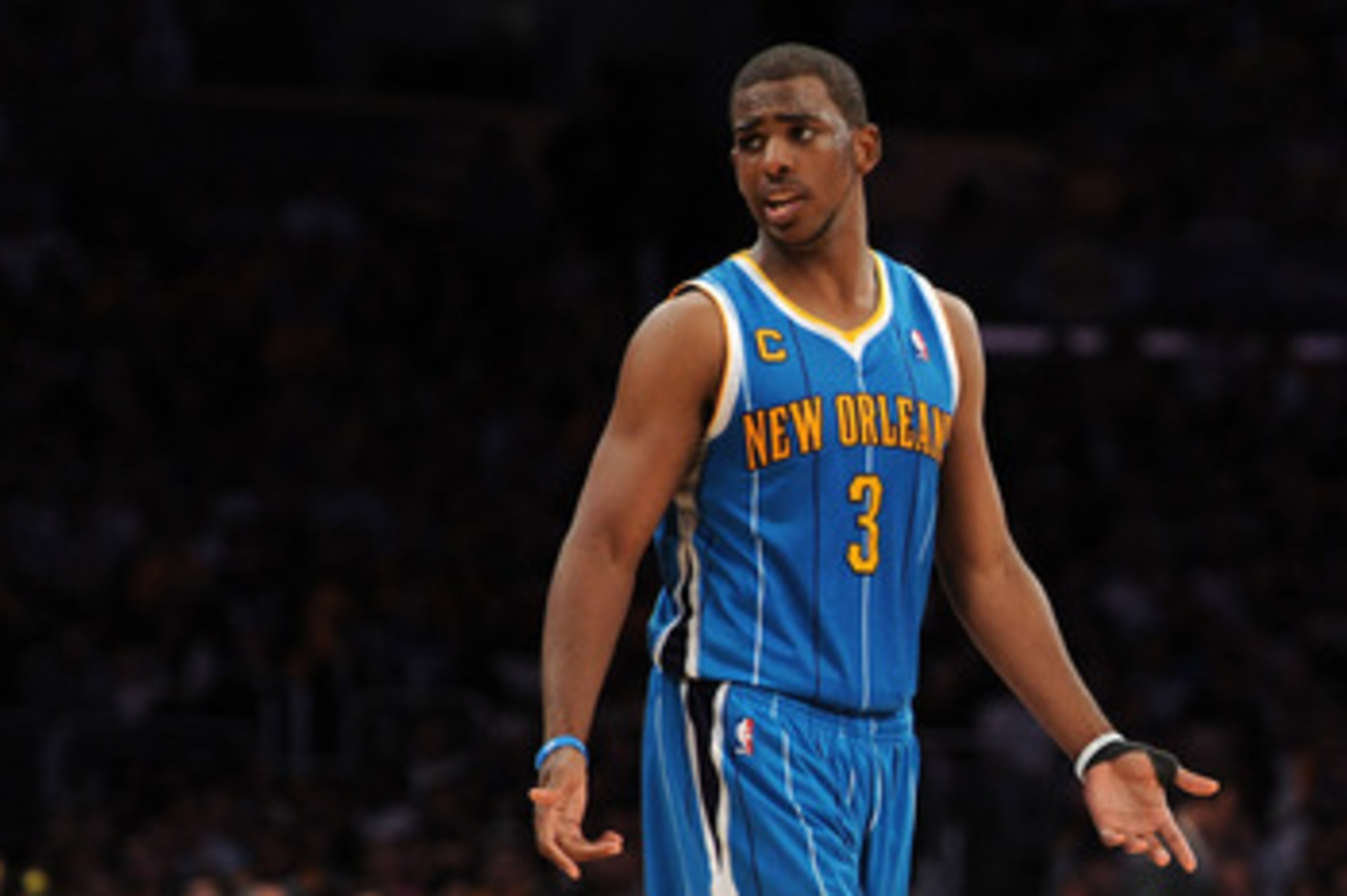 LOS ANGELES, CA - APRIL 26: Chris Paul #3 of the New Orleans Hornets reacts late in the fourth quarter while taking on the Los Angeles Lakers in Game Five of the Western Conference Quarterfinals in the 2011 NBA Playoffs on April 26, 2011 at Staples Cente LOS ANGELES, CA - APRIL 26: Chris Paul #3 of the New Orleans Hornets reacts late in the fourth quarter while taking on the Los Angeles Lakers in Game Five of the Western Conference Quarterfinals in the 2011 NBA Playoffs on April 26, 2011 at Staples Cente