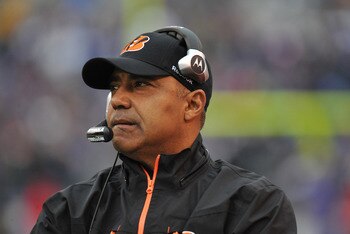 BALTIMORE, MD - JANUARY 2:  Head coach Marvin Lewis of the Cincinnati Bengals coaches against the Baltimore Ravens at M&T Bank Stadium on January 2, 2011 in Baltimore, Maryland. The Ravens defeated the Bengals 13-6. (Photo by Larry French/Getty Images)