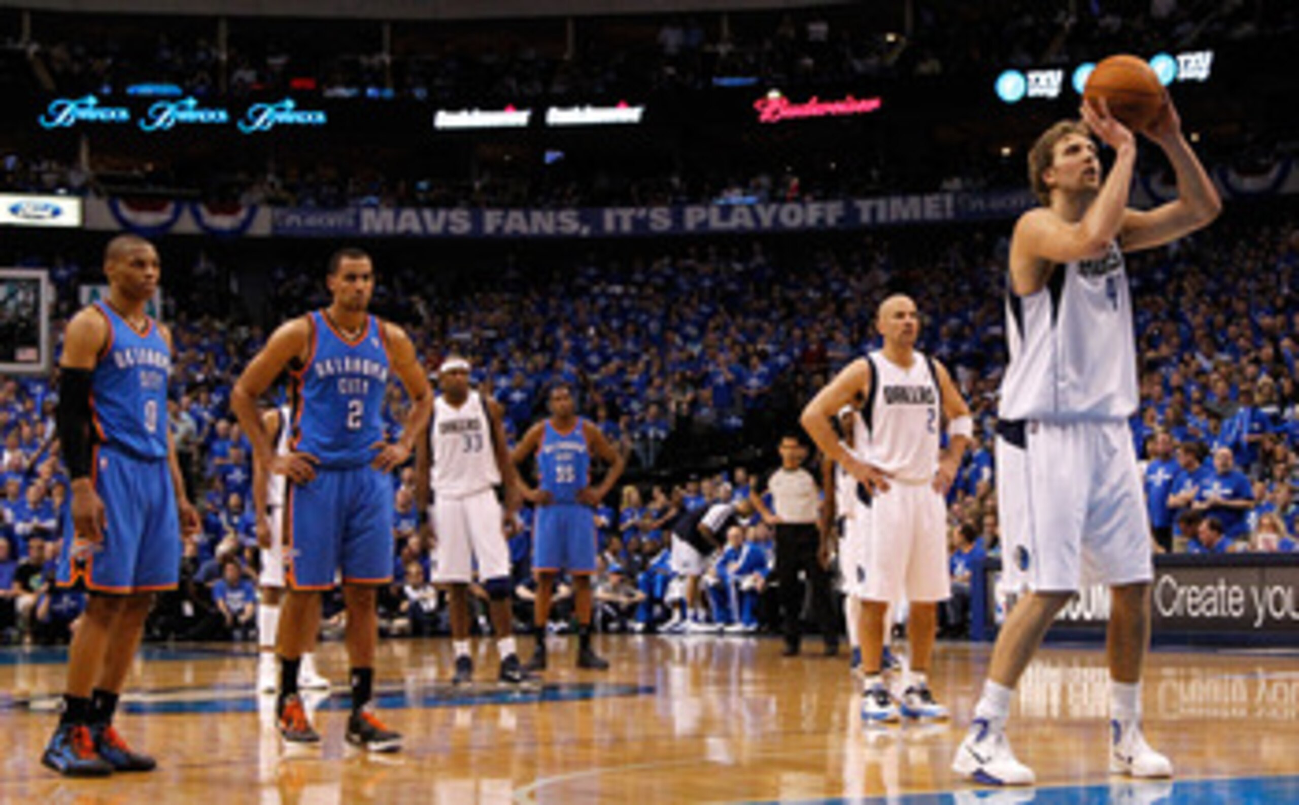 DALLAS, TX - MAY 17:  Kevin Durant #35 of the Oklahoma City Thunder posts up Jason Kidd #2 of the Dallas Mavericks in Game One of the Western Conference Finals during the 2011 NBA Playoffs at American Airlines Center on May 17, 2011 in Dallas, Texas. NOTE