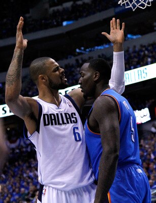 DALLAS, TX - MAY 17:  Tyson Chandler #6 of the Dallas Mavericks and Kendrick Perkins #5 of the Oklahoma City Thunder exchange words in the first quarter in Game One of the Western Conference Finals during the 2011 NBA Playoffs at American Airlines Center 