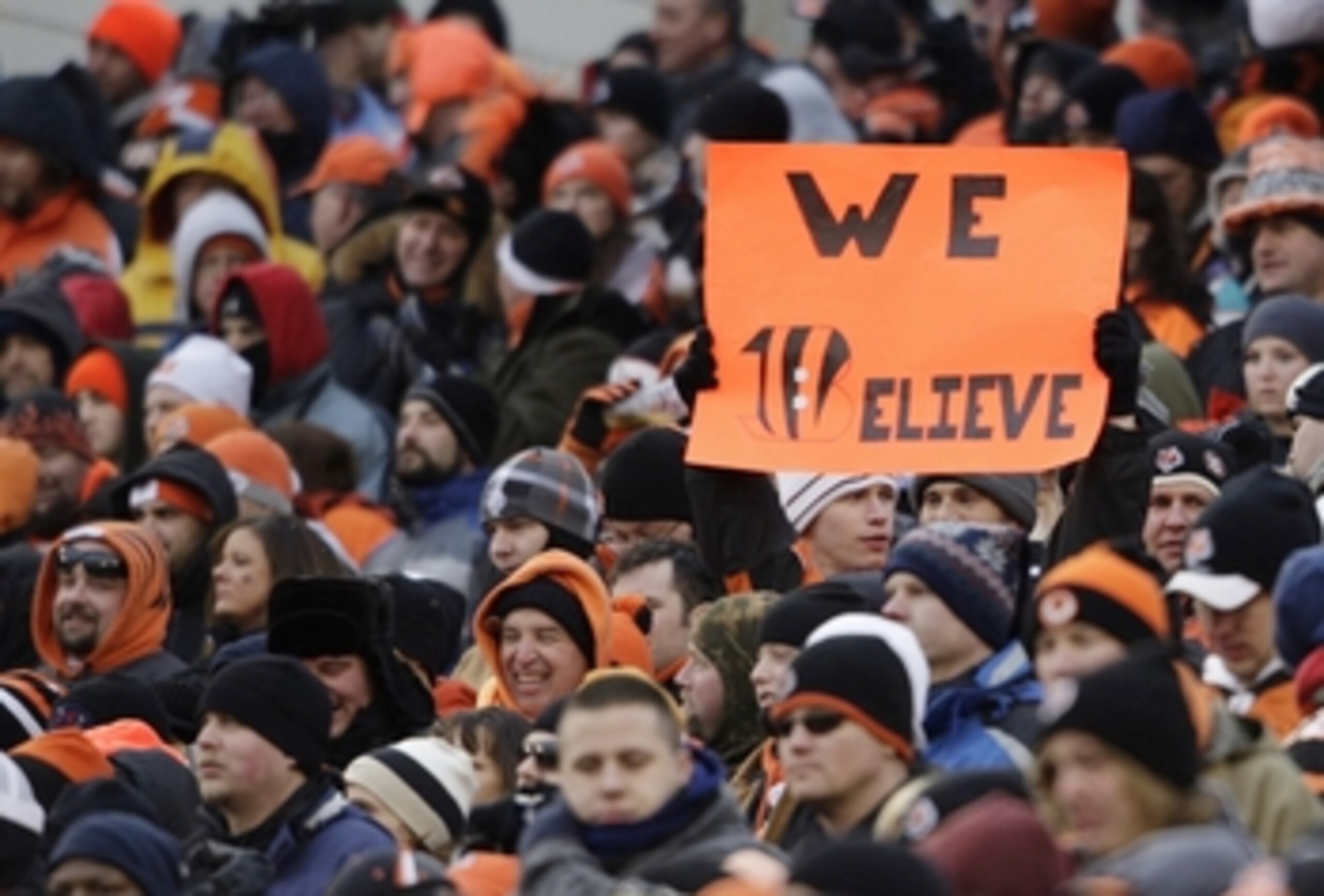 CINCINNATI - JANUARY 9:  A fan of the Cincinnati Bengals holds a sign during the 2010 AFC wild-card playoff game against the New York Jets at Paul Brown Stadium on January 9, 2010 in Cincinnati, Ohio. (Photo by Andy Lyons/Getty Images)