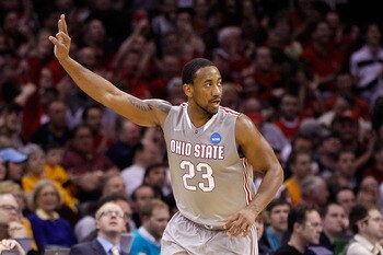 CLEVELAND, OH - MARCH 20: David Lighty #23 of the Ohio State Buckeyes gestures after making a three point basket against the George Mason Patriots during the third of the 2011 NCAA men's basketball tournament at Quicken Loans Arena on March 20, 2011 in Cl