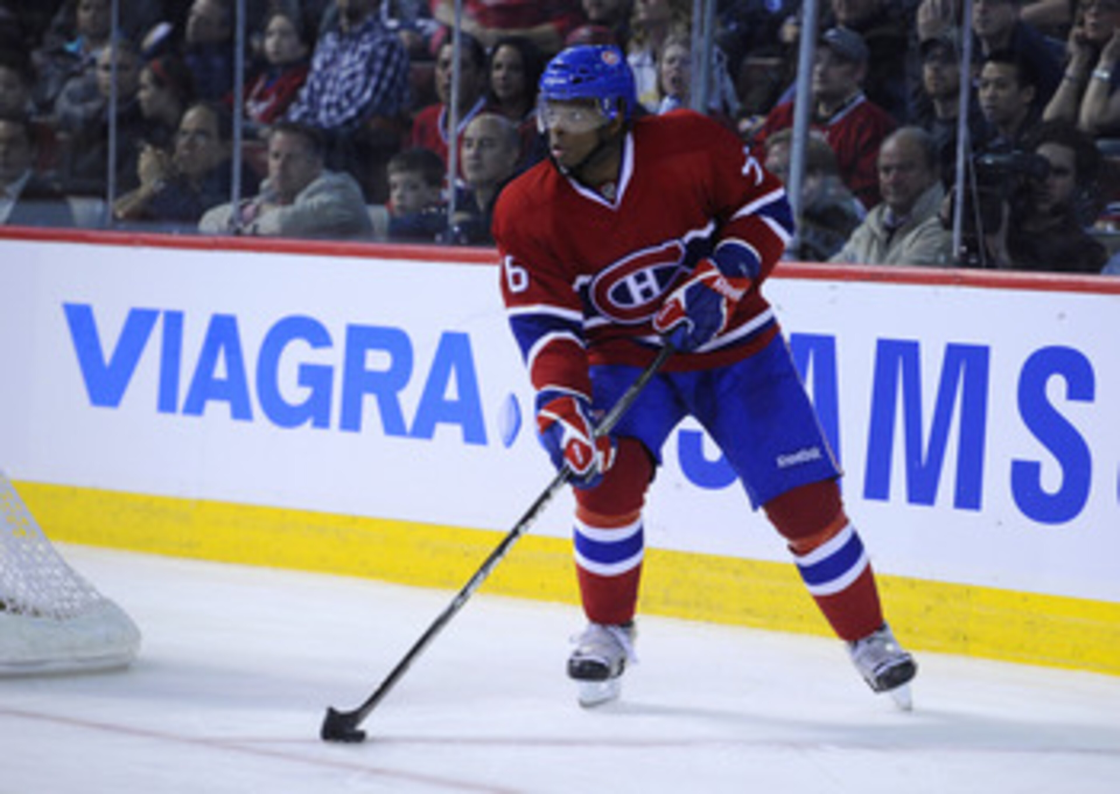 MONTREAL, CANADA - APRIL 21:  P.K. Subban #76 of the Montreal Canadiens skates up ice with the puck in Game Four of the Eastern Conference Quarterfinals against the Boston Bruins during the 2011 NHL Stanley Cup Playoffs at the Bell Centre on April 21, 201