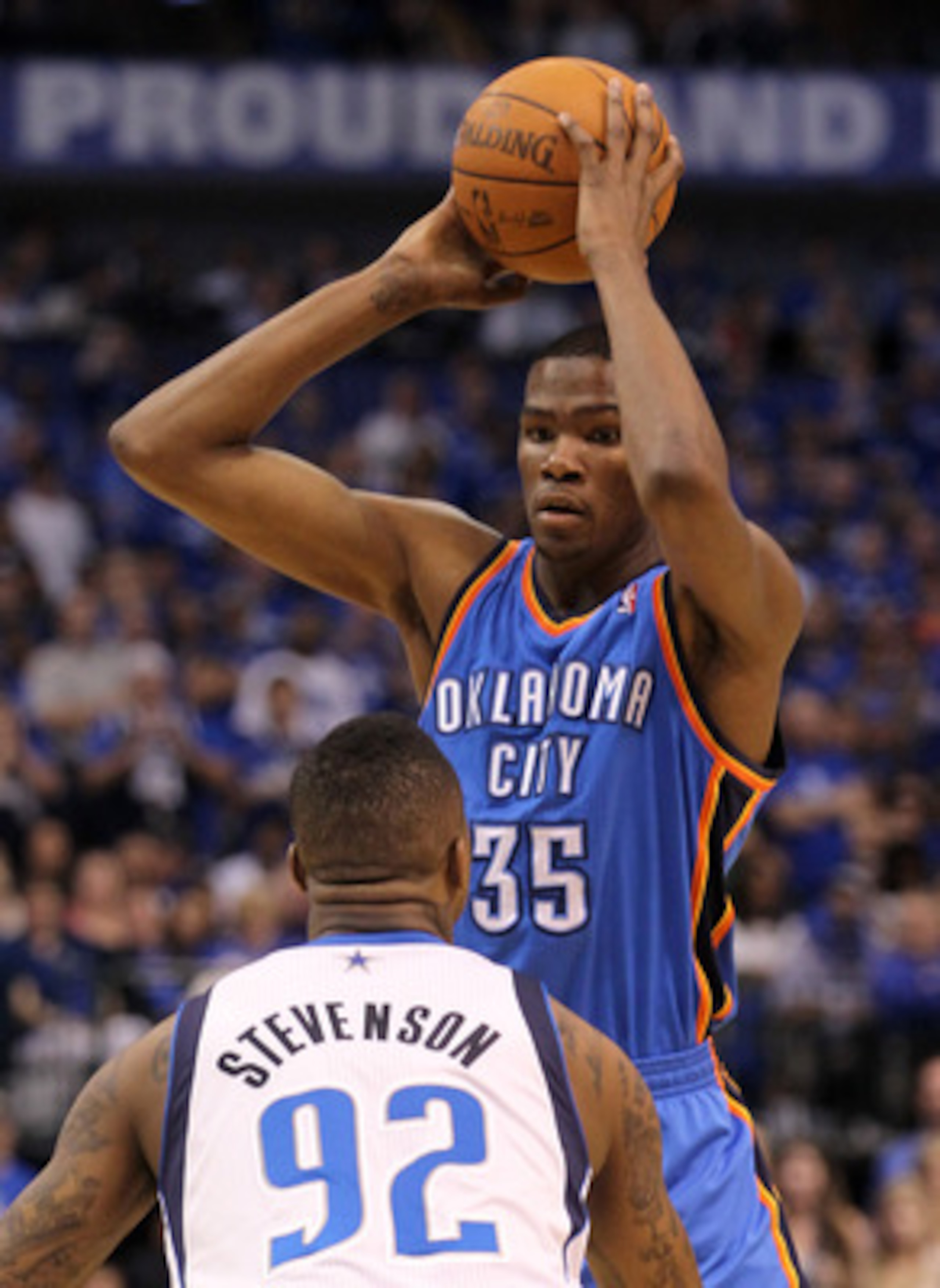 DALLAS, TX - MAY 17:  Kevin Durant #35 of the Oklahoma City Thunder looks to drive on DeShawn Stevenson #92 of the Dallas Mavericks in Game One of the Western Conference Finals during the 2011 NBA Playoffs at American Airlines Center on May 17, 2011 in Da