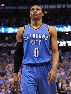 DALLAS, TX - MAY 17:  Russell Westbrook #0 of the Oklahoma City Thunder reacts while taking on the Dallas Mavericks in Game One of the Western Conference Finals during the 2011 NBA Playoffs at American Airlines Center on May 17, 2011 in Dallas, Texas. NOT