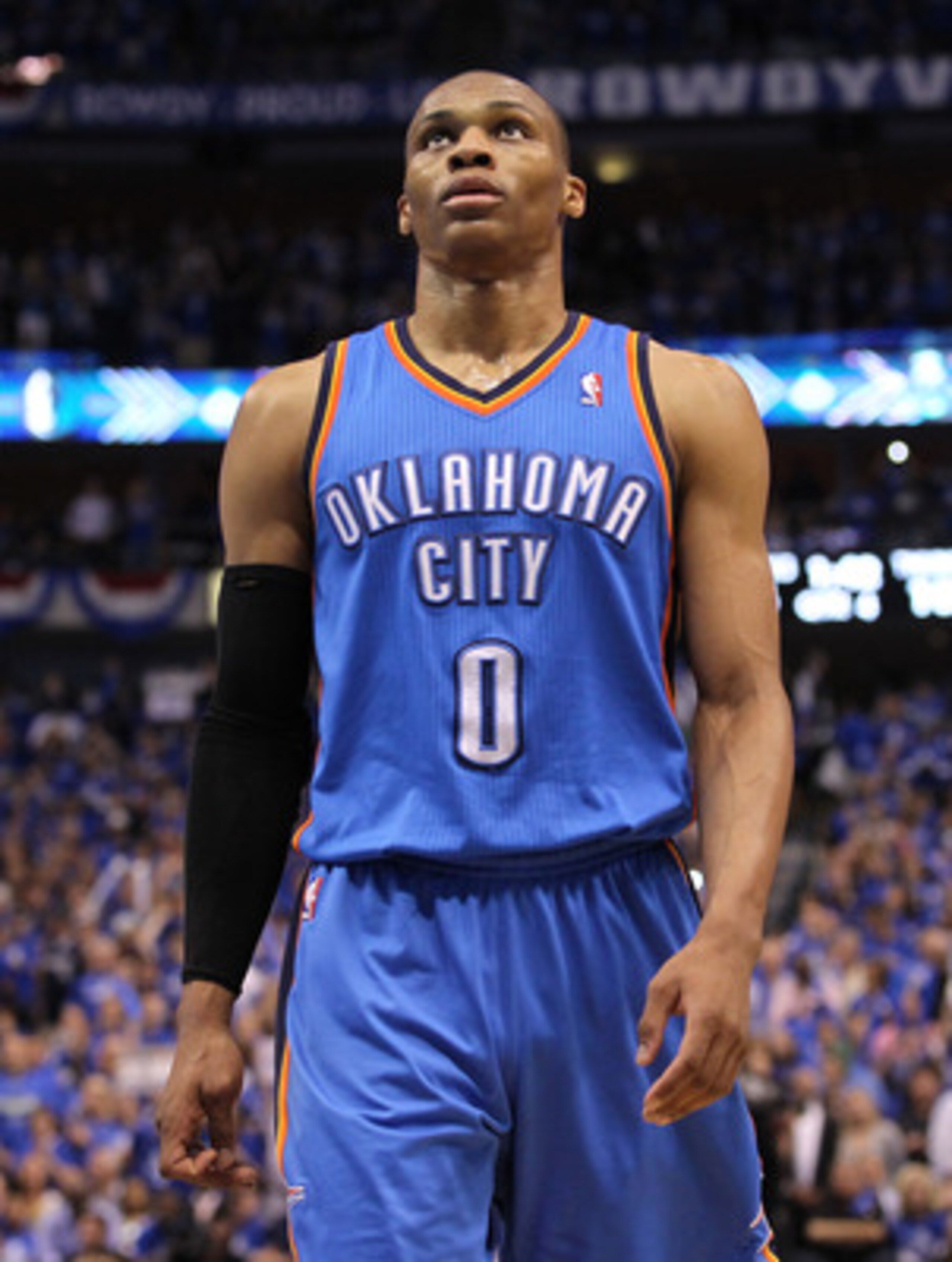 DALLAS, TX - MAY 17:  Russell Westbrook #0 of the Oklahoma City Thunder reacts while taking on the Dallas Mavericks in Game One of the Western Conference Finals during the 2011 NBA Playoffs at American Airlines Center on May 17, 2011 in Dallas, Texas. NOT