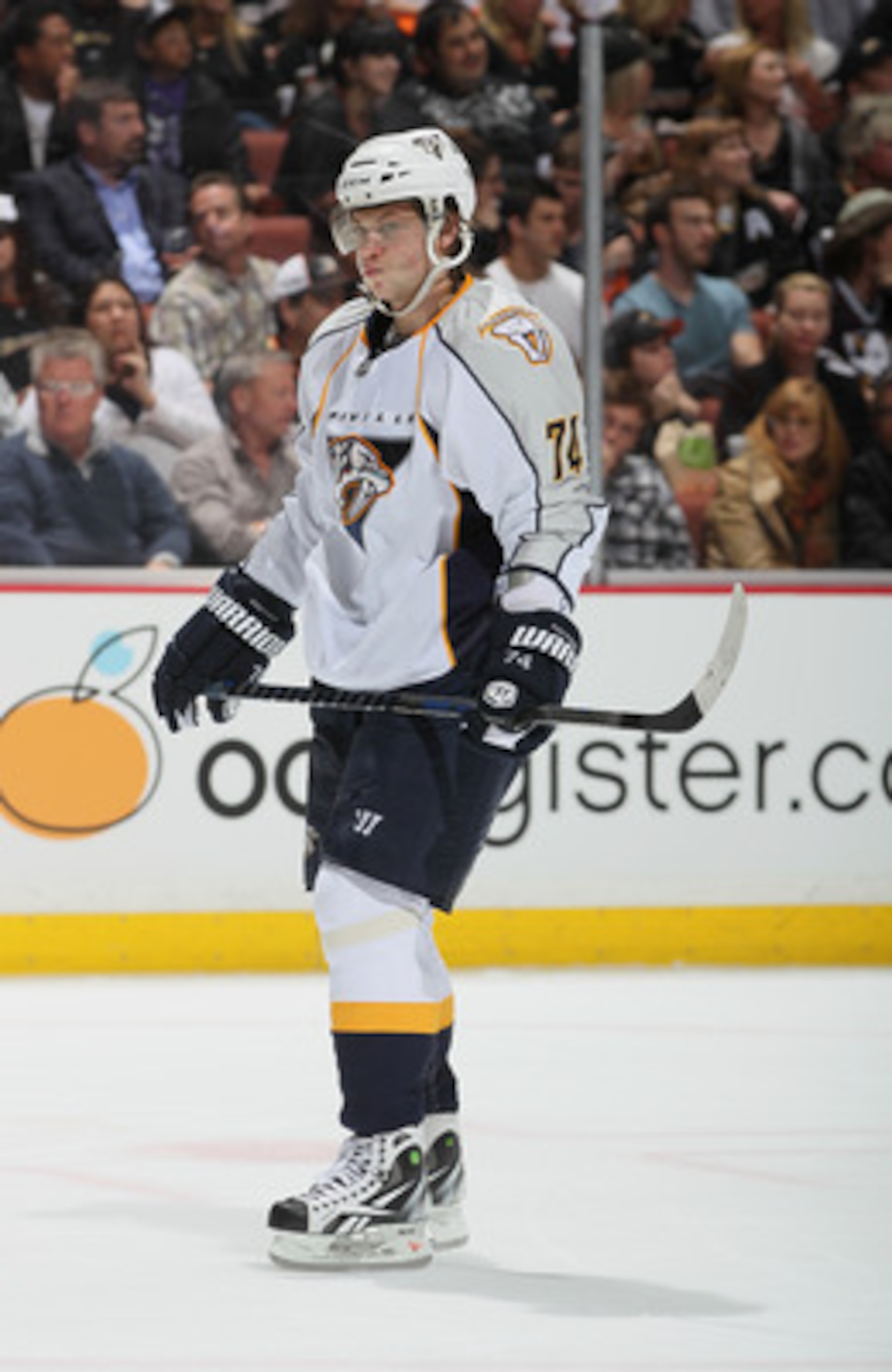 ANAHEIM, CA - APRIL 15:  Sergei Kostitsyn #74 of the Nashville Predators skates against the Anaheim Ducks in Game Two of the Western Conference Quarterfinals during the 2011 NHL Stanley Cup Playoffs at Honda Center on April 15, 2011 in Anaheim, California