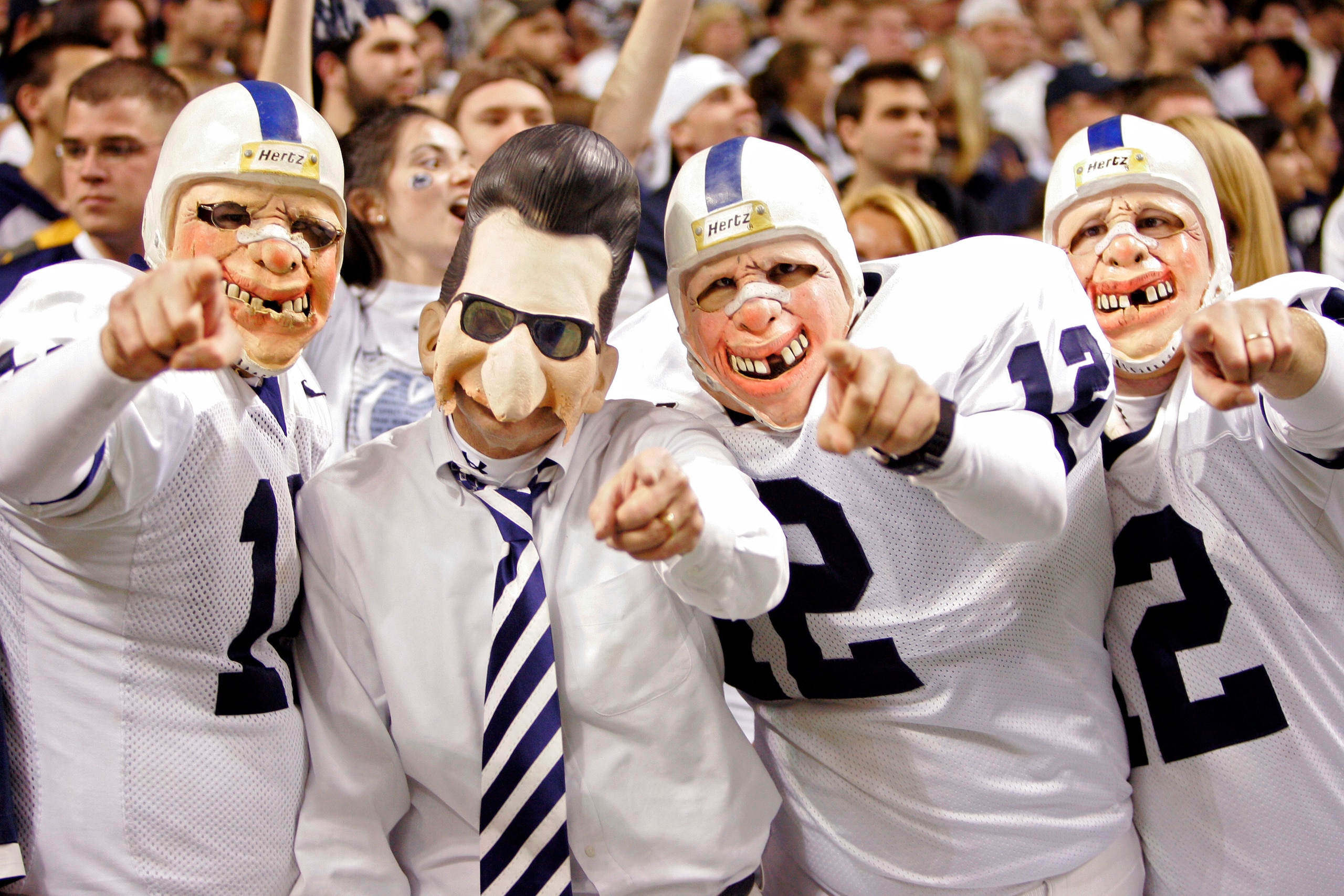 SAN ANTONIO - DECEMBER 29:  Penn State Nittany Lions fans dressed as head coach Joe Paterno and players cheer against the Texas A&M Aggies during the Valero Alamo Bowl on December 29, 2007 at the Alamodome in San Antonio, Texas.  (Photo by Brian Bahr/Gett