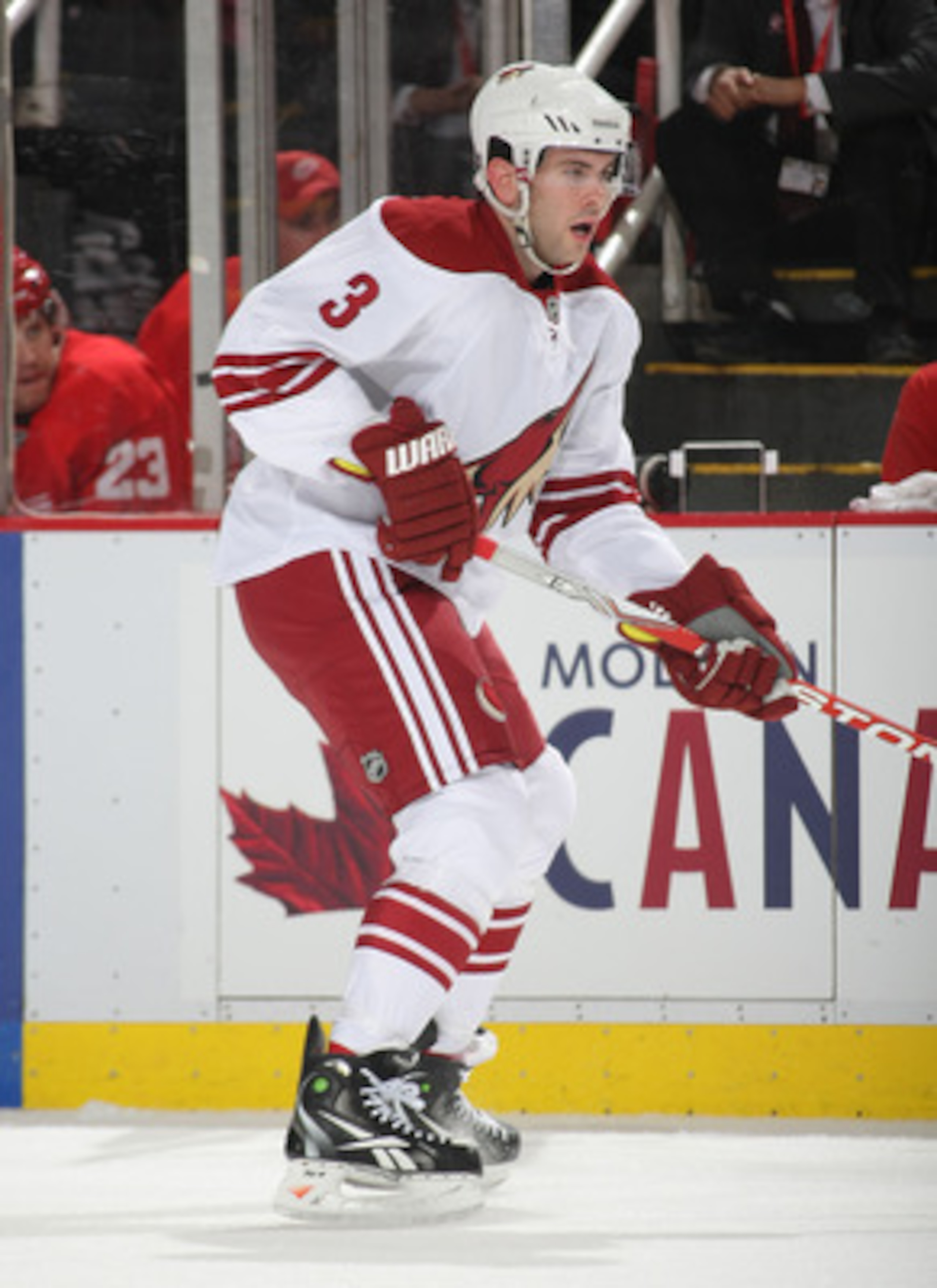 DETROIT, MI- APRIL 13:  Keith Yandle #3 of the Phoenix Coyotes skates against the Detroit Red Wings in Game One of the Western Conference Quarterfinals during the 2011 NHL Stanley Cup Playoffs at Joe Louis Arena on April 13, 2011 in Detroit, Michigan.(Pho