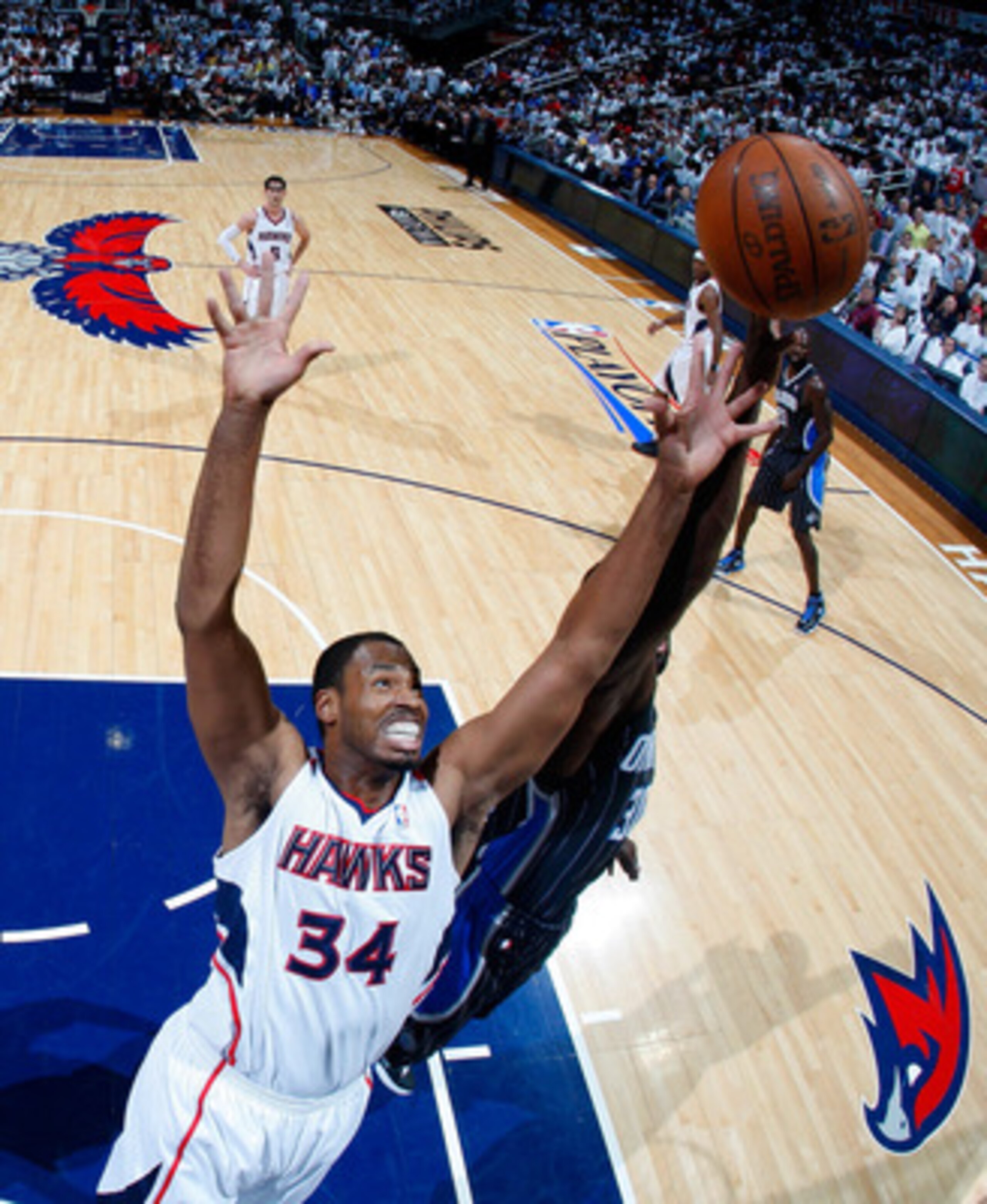 ATLANTA, GA - APRIL 28:  Jason Collins #34 of the Atlanta Hawks against the Orlando Magic during Game Six of the Eastern Conference Quarterfinals in the 2011 NBA Playoffs at Philips Arena on April 28, 2011 in Atlanta, Georgia.  NOTE TO USER: User expressl