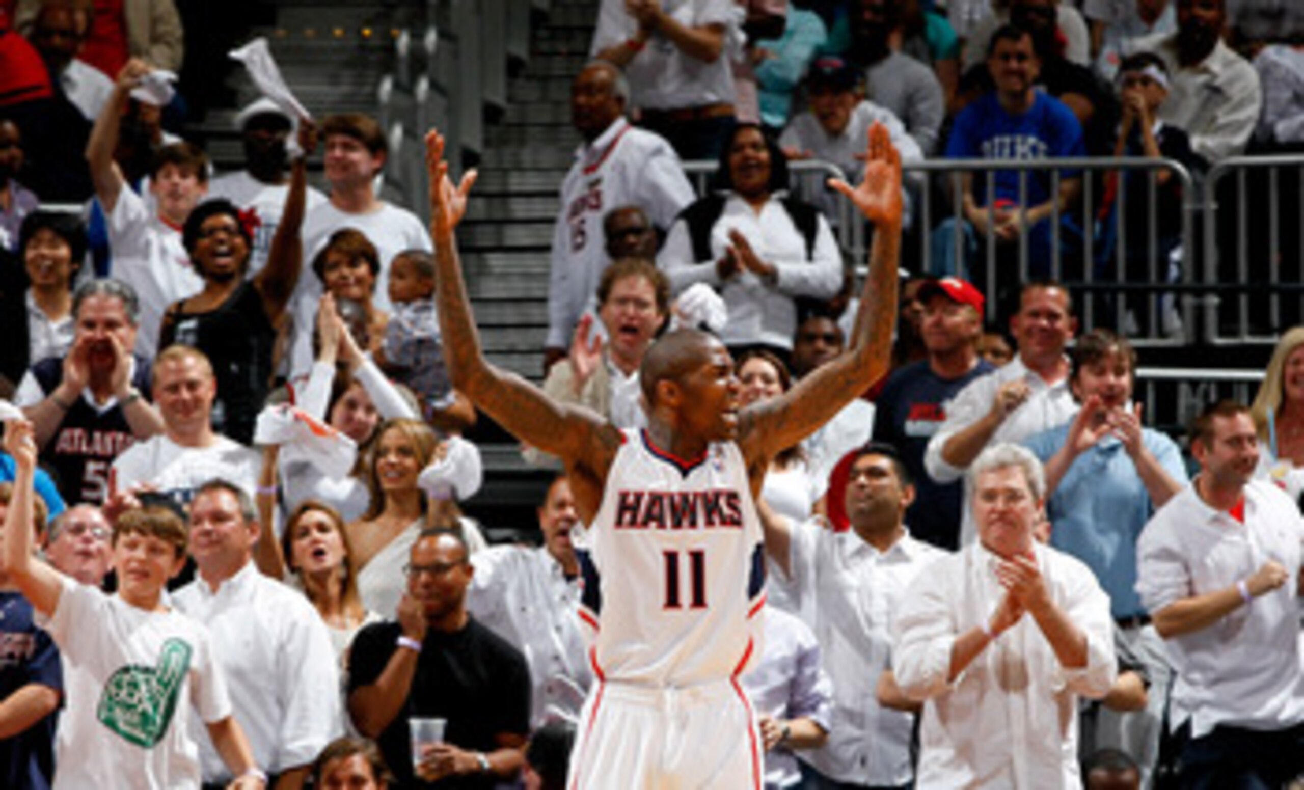 ATLANTA, GA - APRIL 28:  Jamal Crawford #11 of the Atlanta Hawks reacts to the fans after a basket against the Orlando Magic during Game Six of the Eastern Conference Quarterfinals in the 2011 NBA Playoffs at Philips Arena on April 28, 2011 in Atlanta, Ge