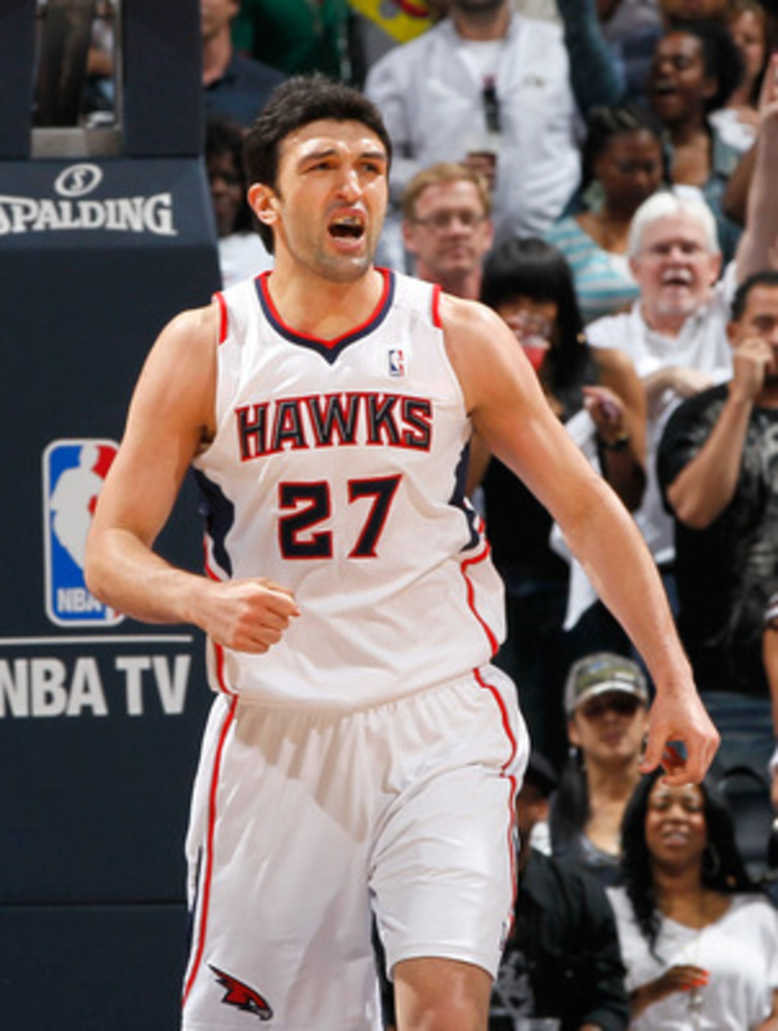 ATLANTA, GA - APRIL 28:  Zaza Pachulia #27 of the Atlanta Hawks against the Orlando Magic during Game Six of the Eastern Conference Quarterfinals in the 2011 NBA Playoffs at Philips Arena on April 28, 2011 in Atlanta, Georgia.  NOTE TO USER: User expressl