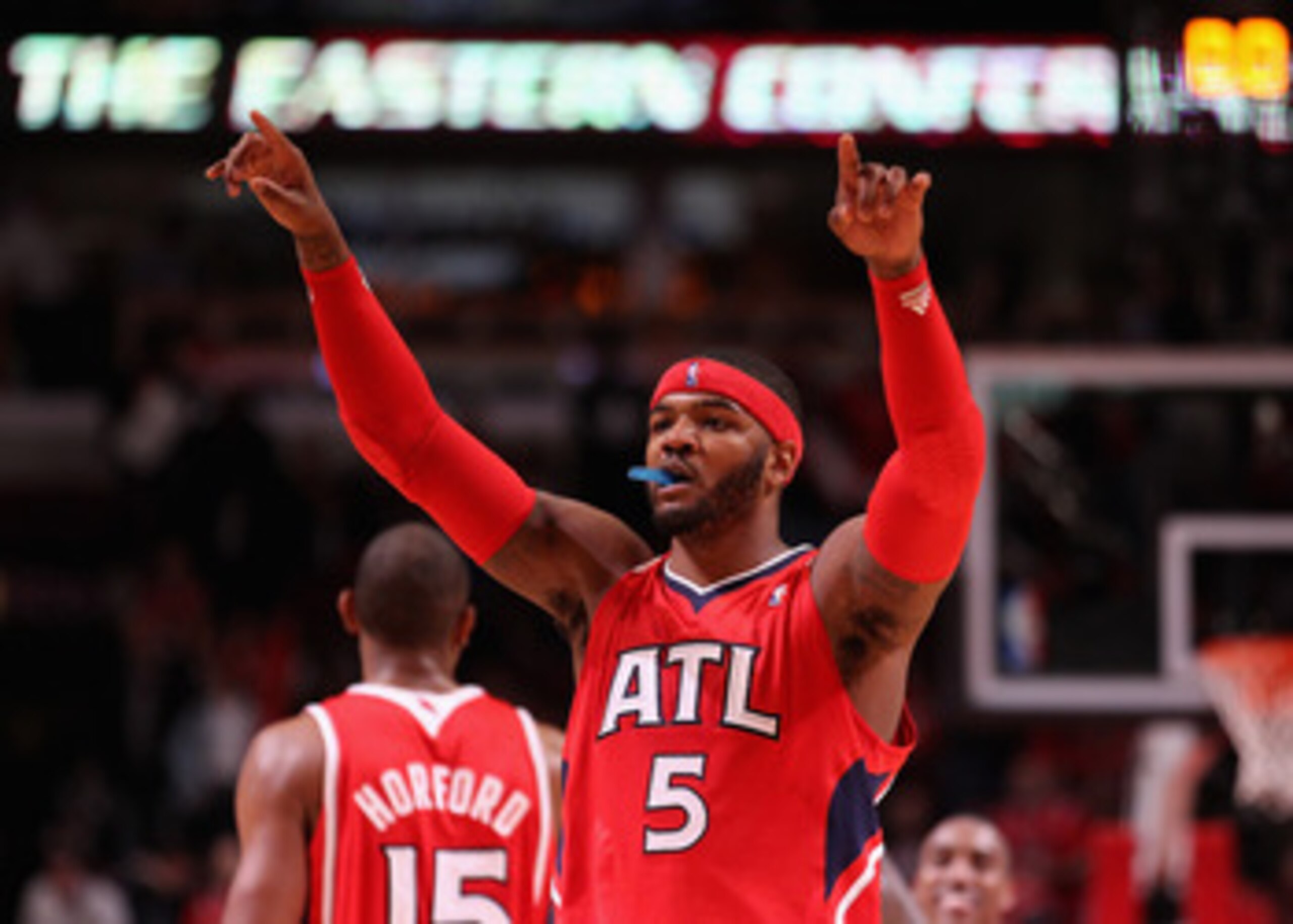 CHICAGO, IL - MAY 02: Josh Smith #5 of the Atlanta Hawks celebrates a win over the Chicago Bulls in Game One of the Eastern Conference Semifinals in the 2011 NBA Playoffs at the United Center on May 2, 2011 in Chicago, Illinois. The Hawks defeated the Bul