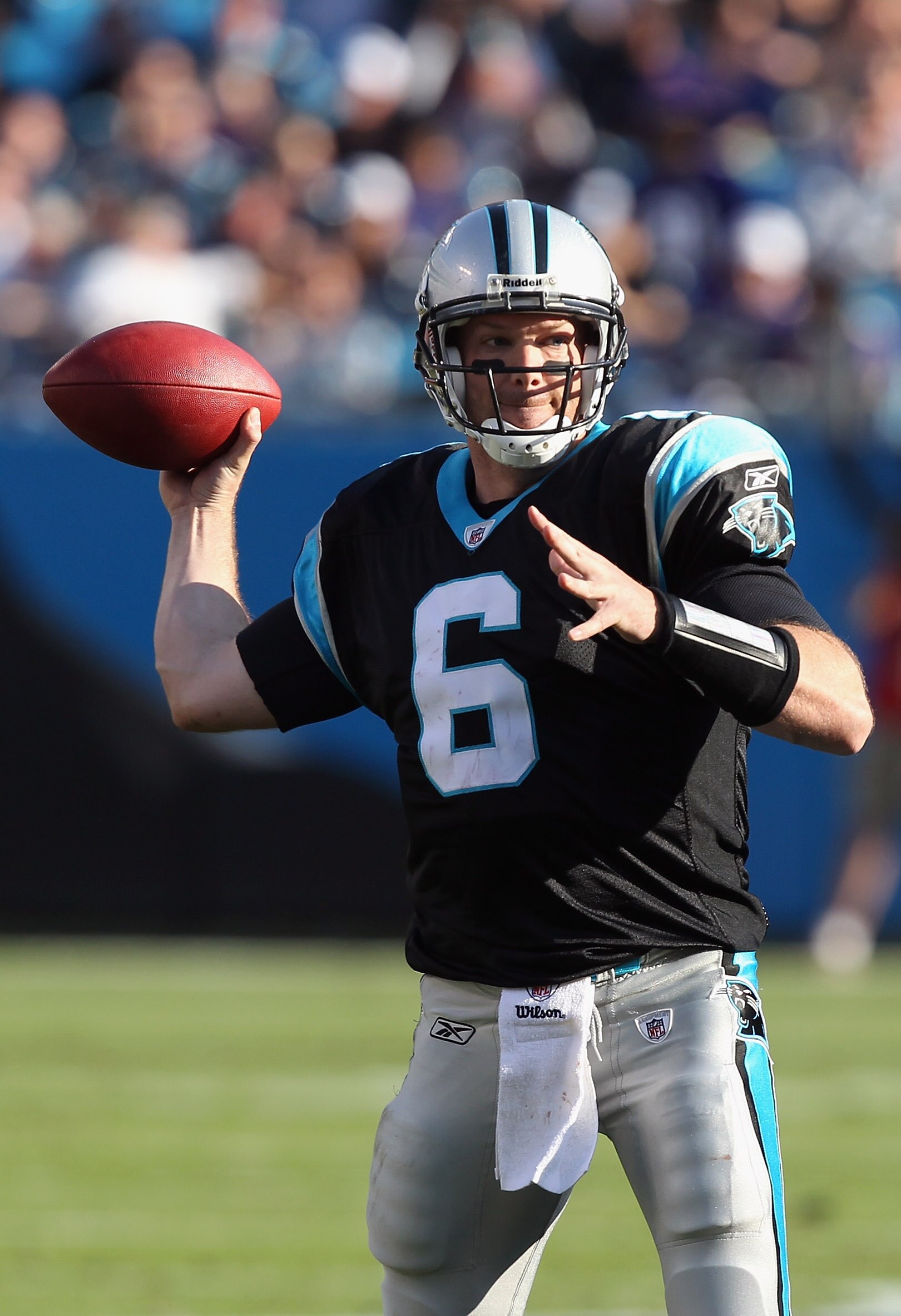CHARLOTTE, NC - NOVEMBER 21:  Brian St. Pierre #6 of the Carolina Panthers against the Baltimore Ravens at Bank of America Stadium on November 21, 2010 in Charlotte, North Carolina.  (Photo by Streeter Lecka/Getty Images)