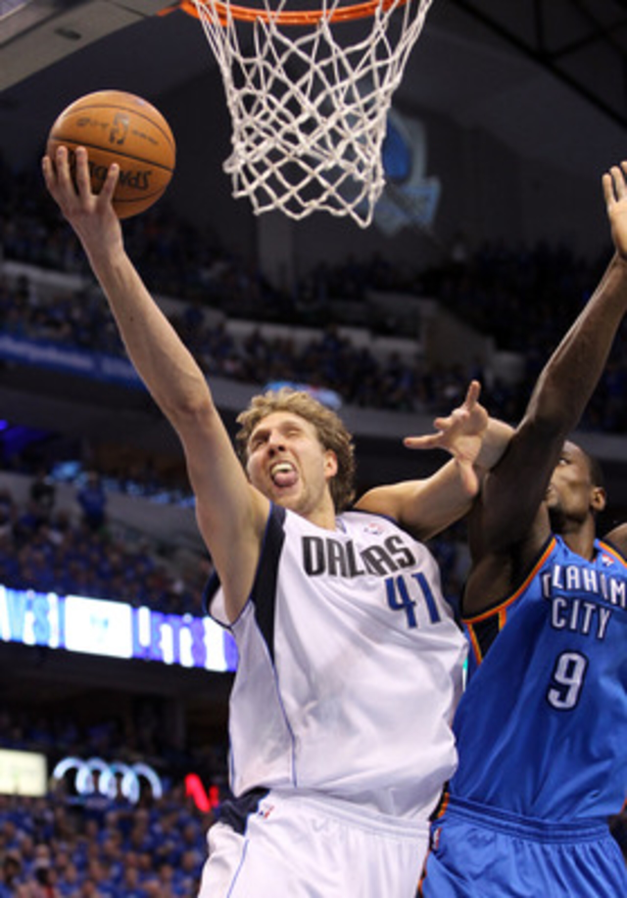 DALLAS, TX - MAY 17:  Dirk Nowitzki #41 of the Dallas Mavericks goes up for a shot in front of Serge Ibaka #9 of the Oklahoma City Thunder in the first half in Game One of the Western Conference Finals during the 2011 NBA Playoffs at American Airlines Cen