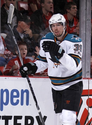 DETROIT - MAY 6: Logan Couture #39 of the San Jose Sharks celebrates a first period goal while playing the Detroit Red Wings in Game Four of the Western Conference Semifinals during the 2011 NHL Stanley Cup Playoffs on May 6, 2011 at Joe Louis Arena in De