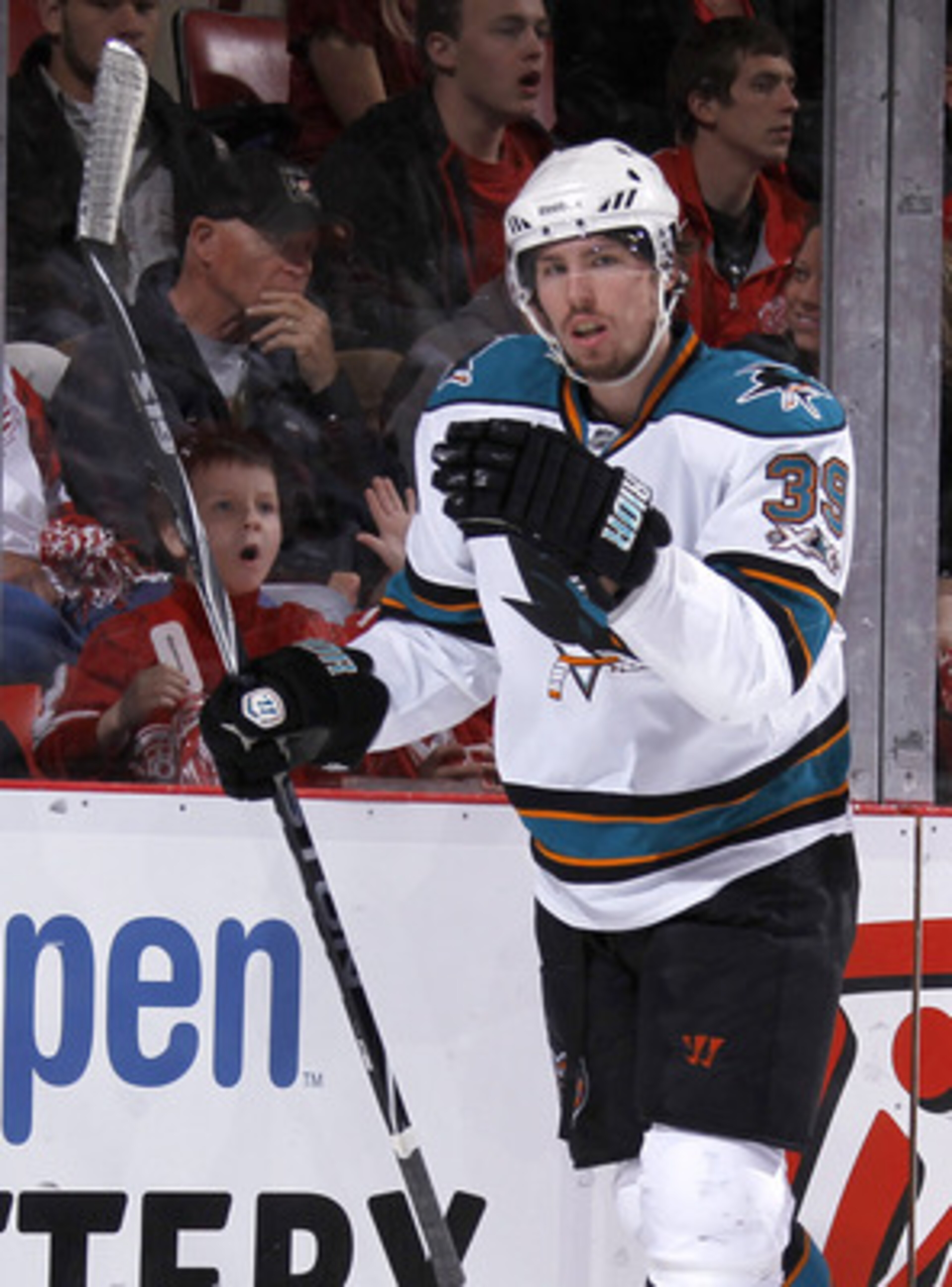 DETROIT - MAY 6: Logan Couture #39 of the San Jose Sharks celebrates a first period goal while playing the Detroit Red Wings in Game Four of the Western Conference Semifinals during the 2011 NHL Stanley Cup Playoffs on May 6, 2011 at Joe Louis Arena in De