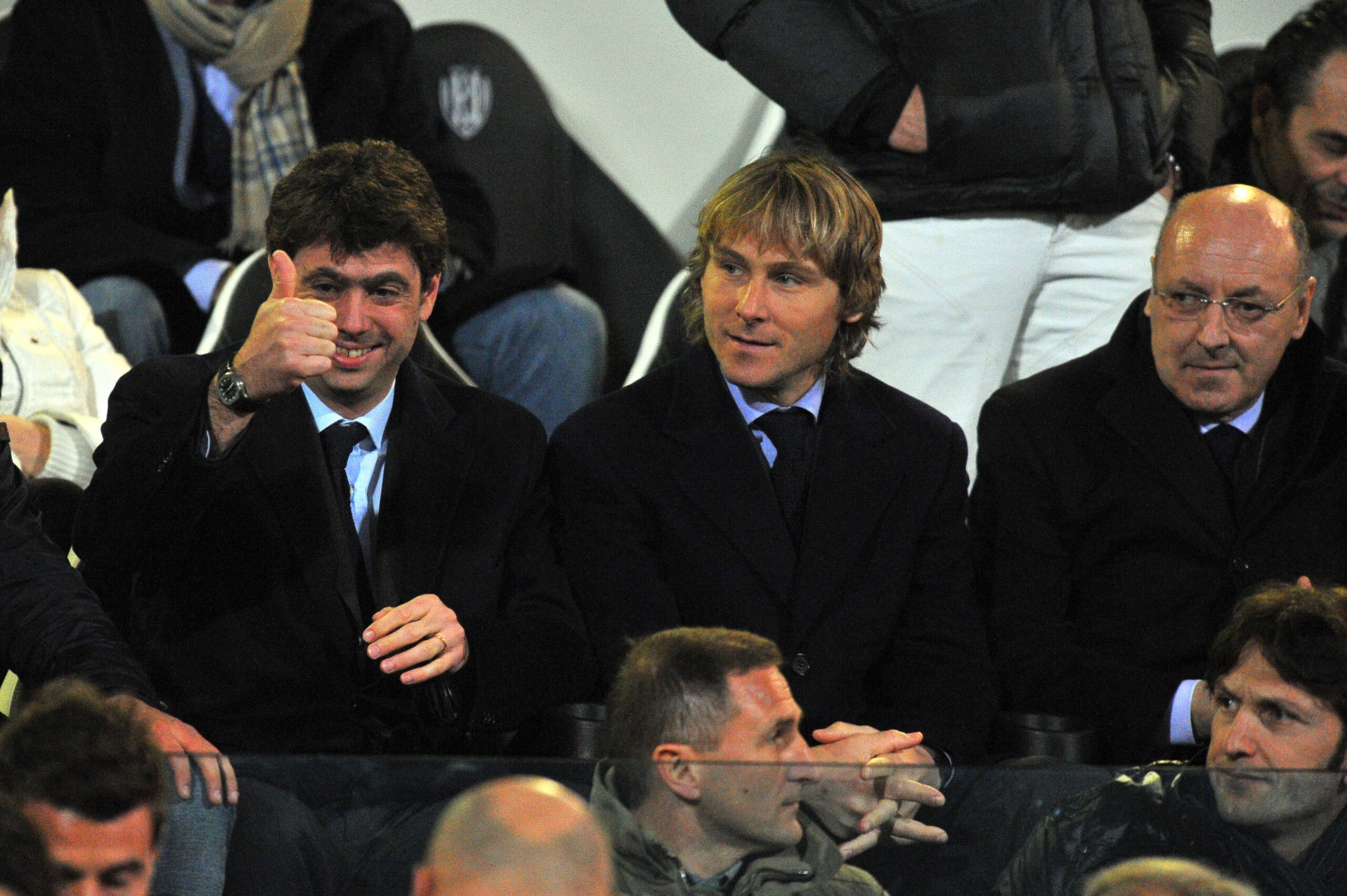 CESENA, ITALY - MARCH 12: President of Juventus Andrea Agnelli, Pavel Nedved and Giuseppe Marotta look on during the Serie A match between AC Cesena and Juventus FC at Dino Manuzzi Stadium on March 12, 2011 in Cesena, Italy.  (Photo by Roberto Serra/Getty