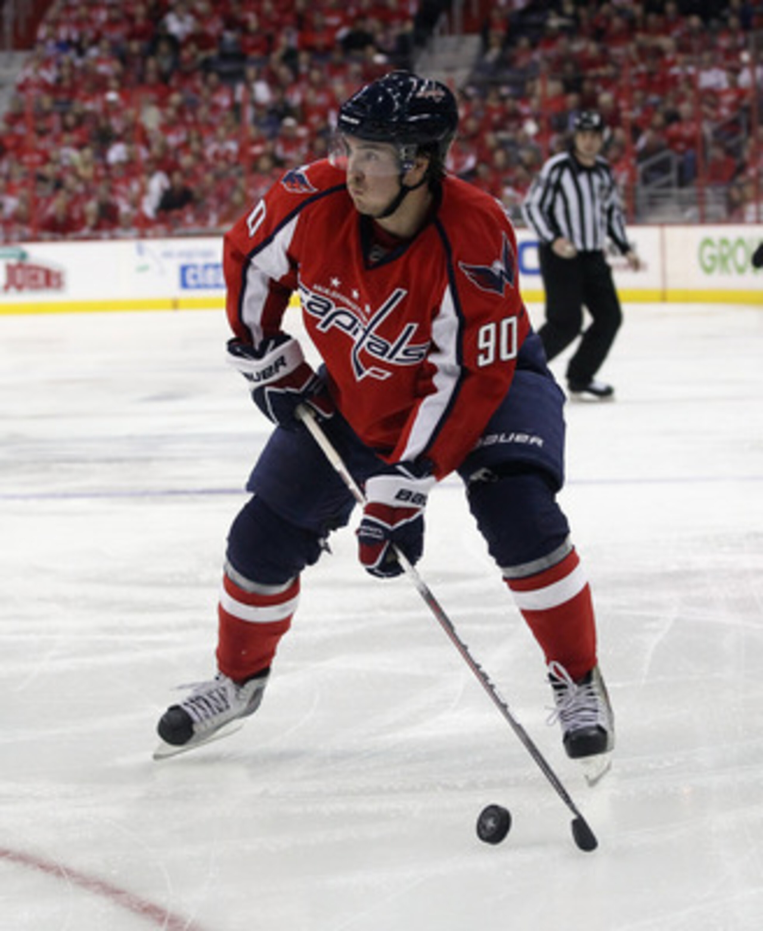 WASHINGTON, DC - APRIL 13: Marcus Johansson #90 of the Washington Capitals skates against the New York Rangers in Game One of the Eastern Conference Quarterfinals during the 2011 NHL Stanley Cup Playoffs at Verizon Center on April 13, 2011 in Washington,