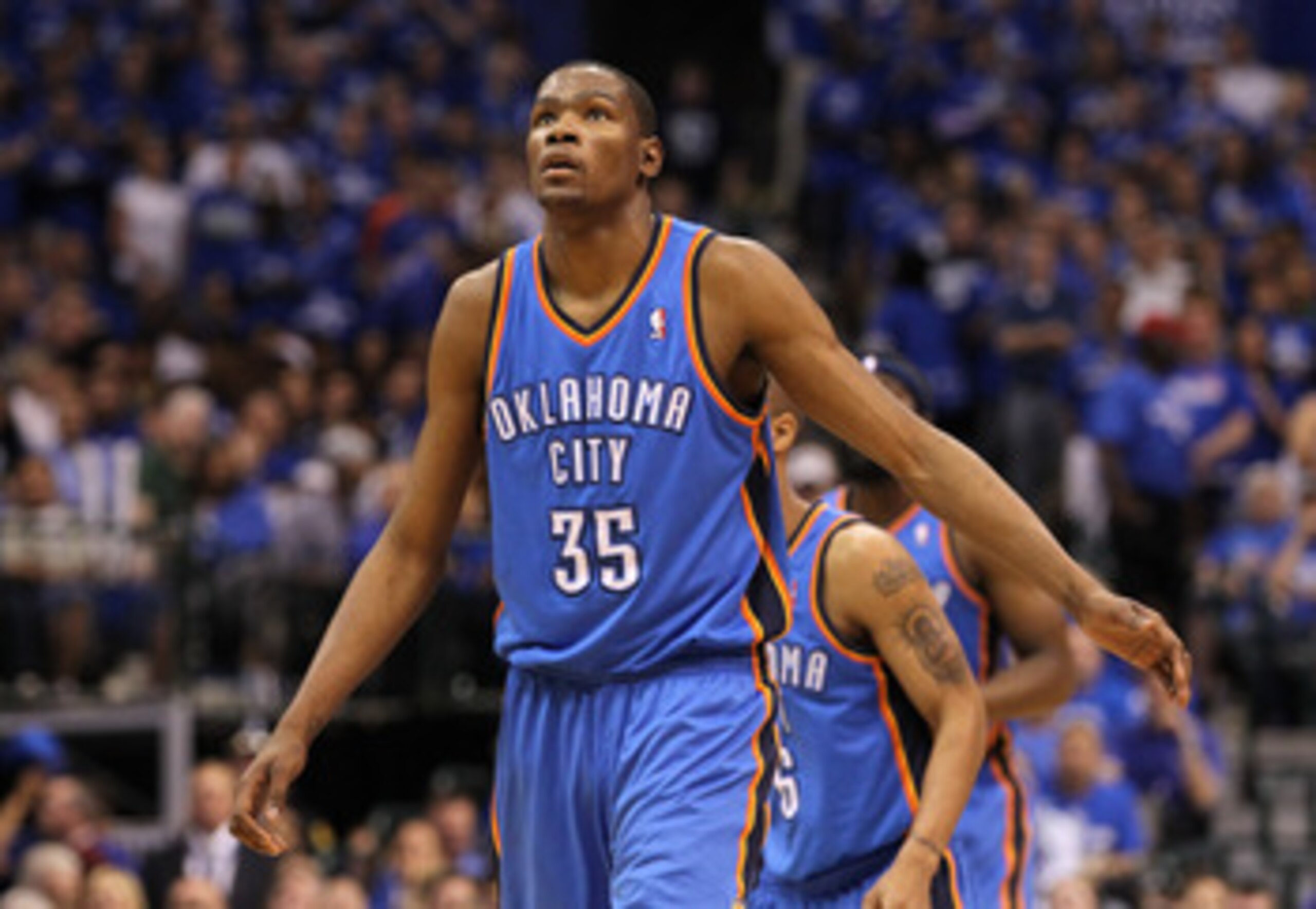 DALLAS, TX - MAY 17:  Kevin Durant #35 of the Oklahoma City Thunder reacts in the second half while taking on the Dallas Mavericks in Game One of the Western Conference Finals during the 2011 NBA Playoffs at American Airlines Center on May 17, 2011 in Dal