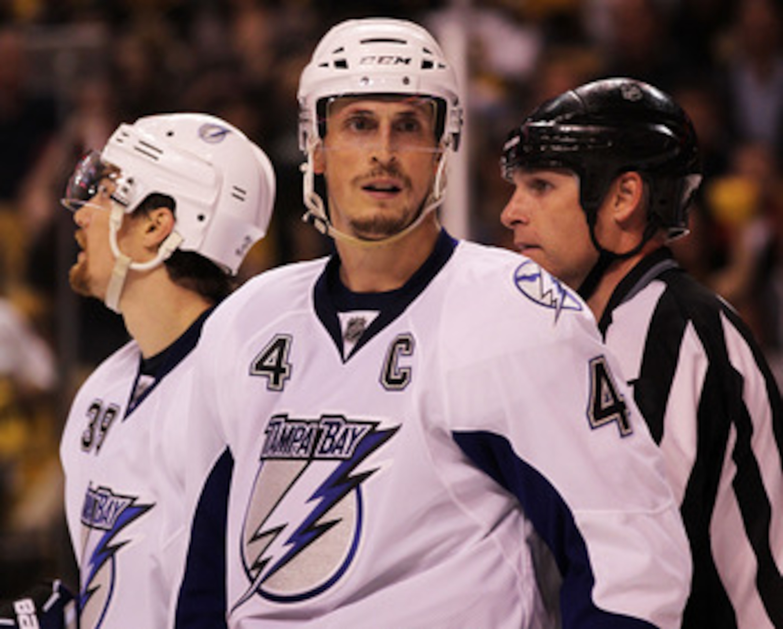 BOSTON, MA - MAY 17:  Vincent Lecavalier #4 of the Tampa Bay Lightning looks on in Game Two of the Eastern Conference Finals against the Boston Bruins during the 2011 NHL Stanley Cup Playoffs at TD Garden on May 17, 2011 in Boston, Massachusetts.  (Photo 