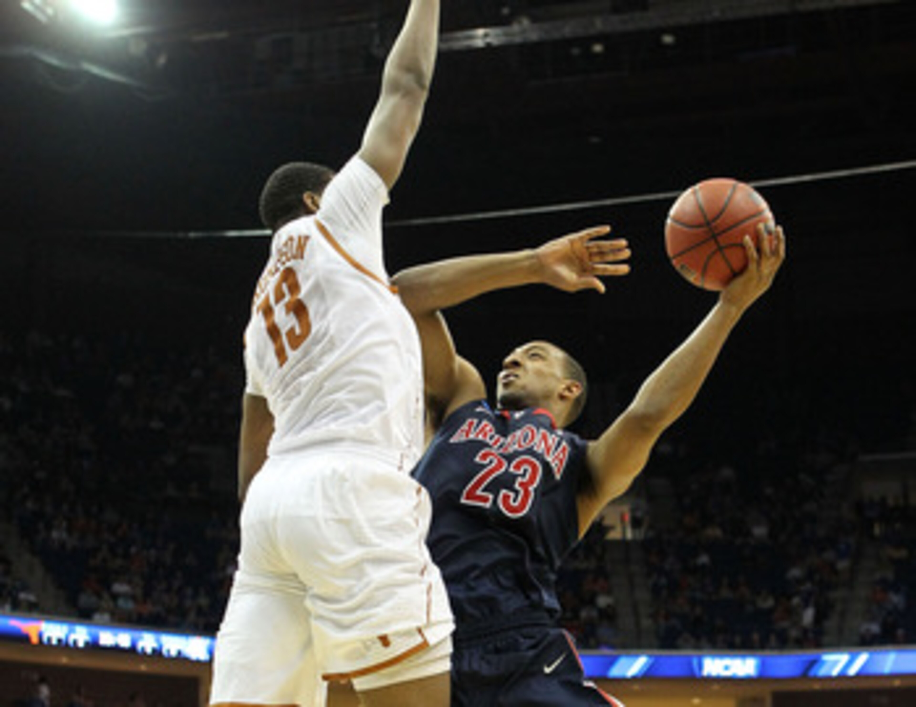 TULSA, OK - MARCH 20:  Derrick Williams #23 of the Arizona Wildcats goes up for a shot against Tristan Thompson #13 of the Texas Longhorns during the third round of the 2011 NCAA men's basketball tournament at BOK Center on March 20, 2011 in Tulsa, Oklaho